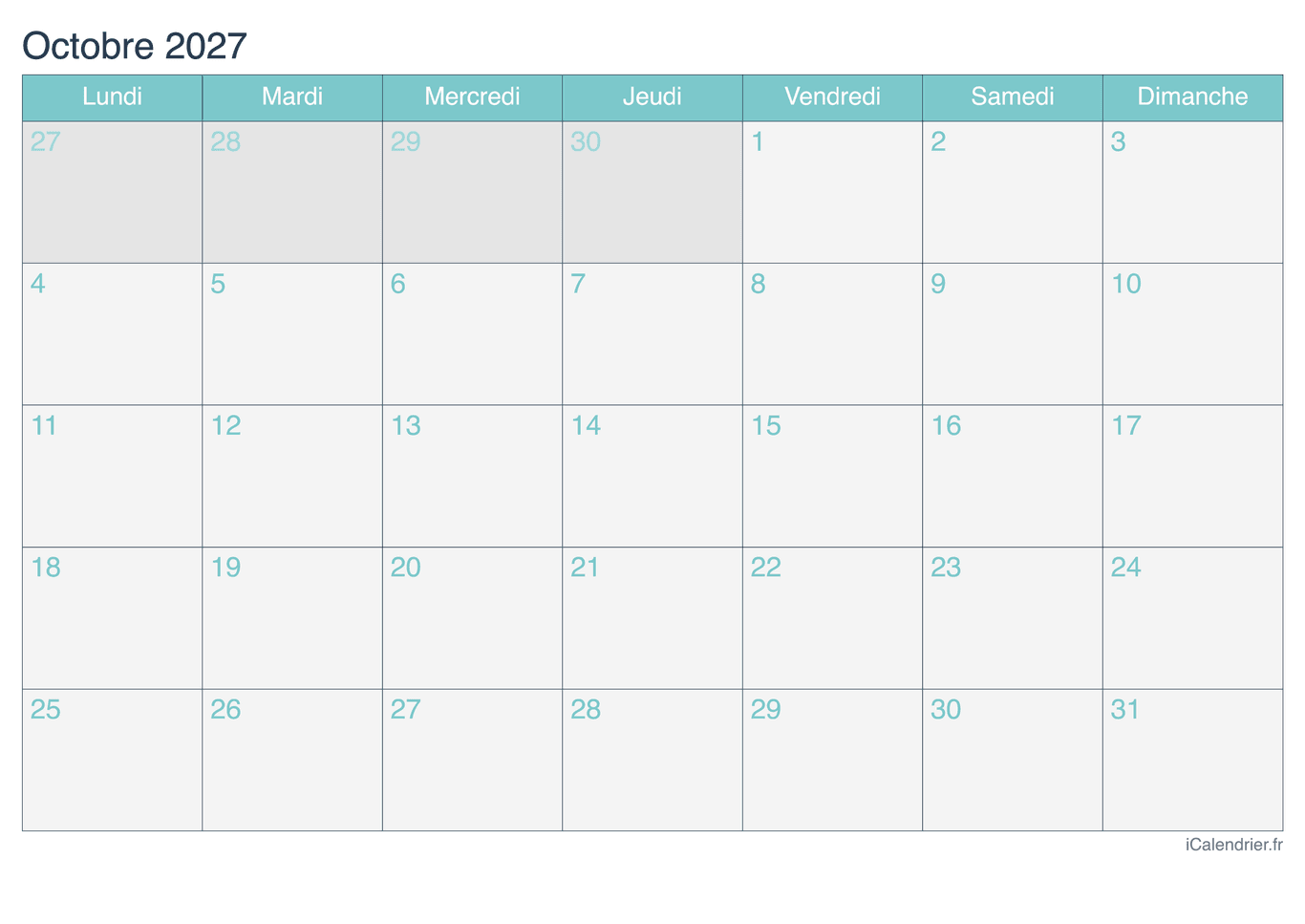 Calendrier d'octobre 2027 - Turquoise