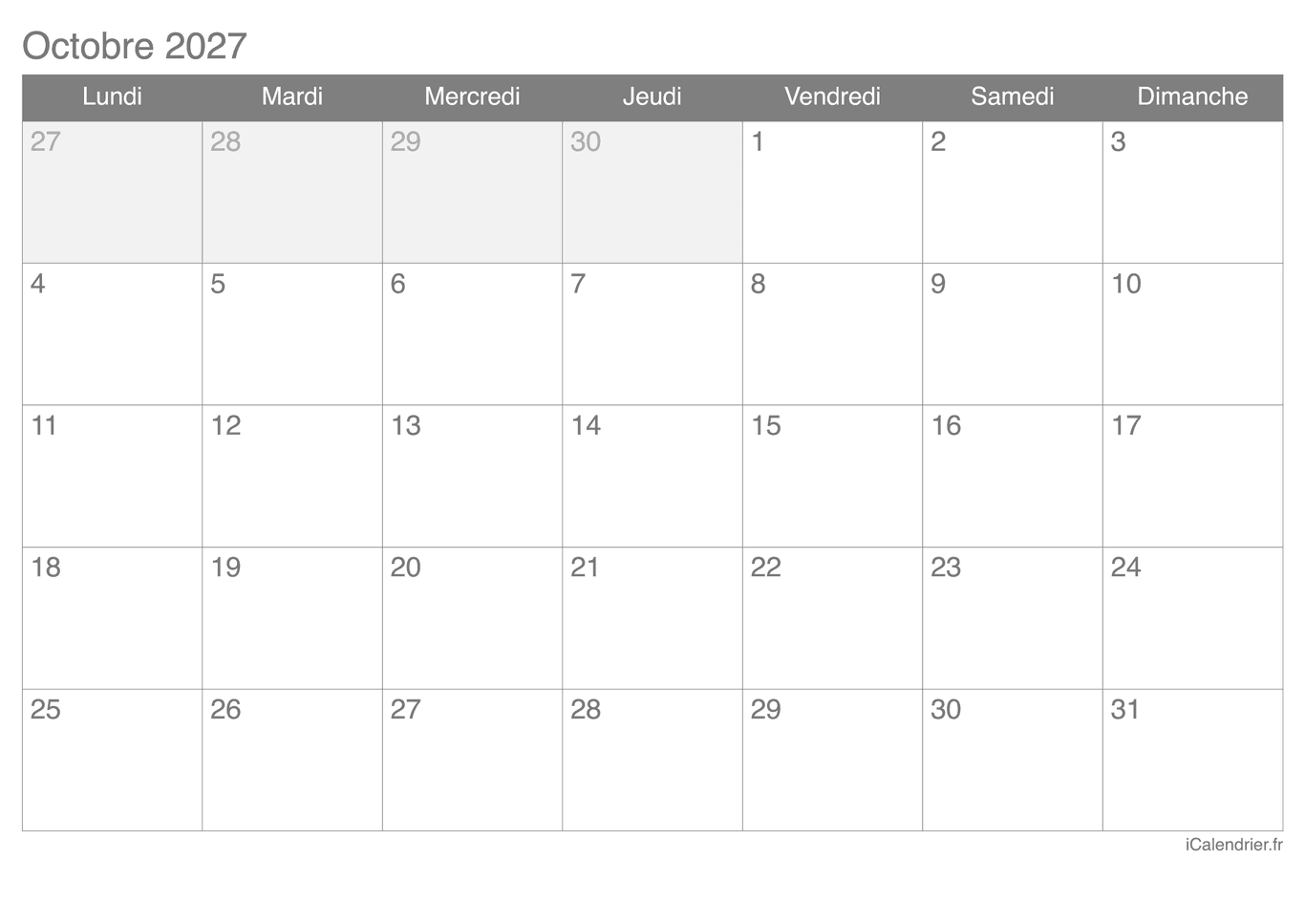 Calendrier d'octobre 2027