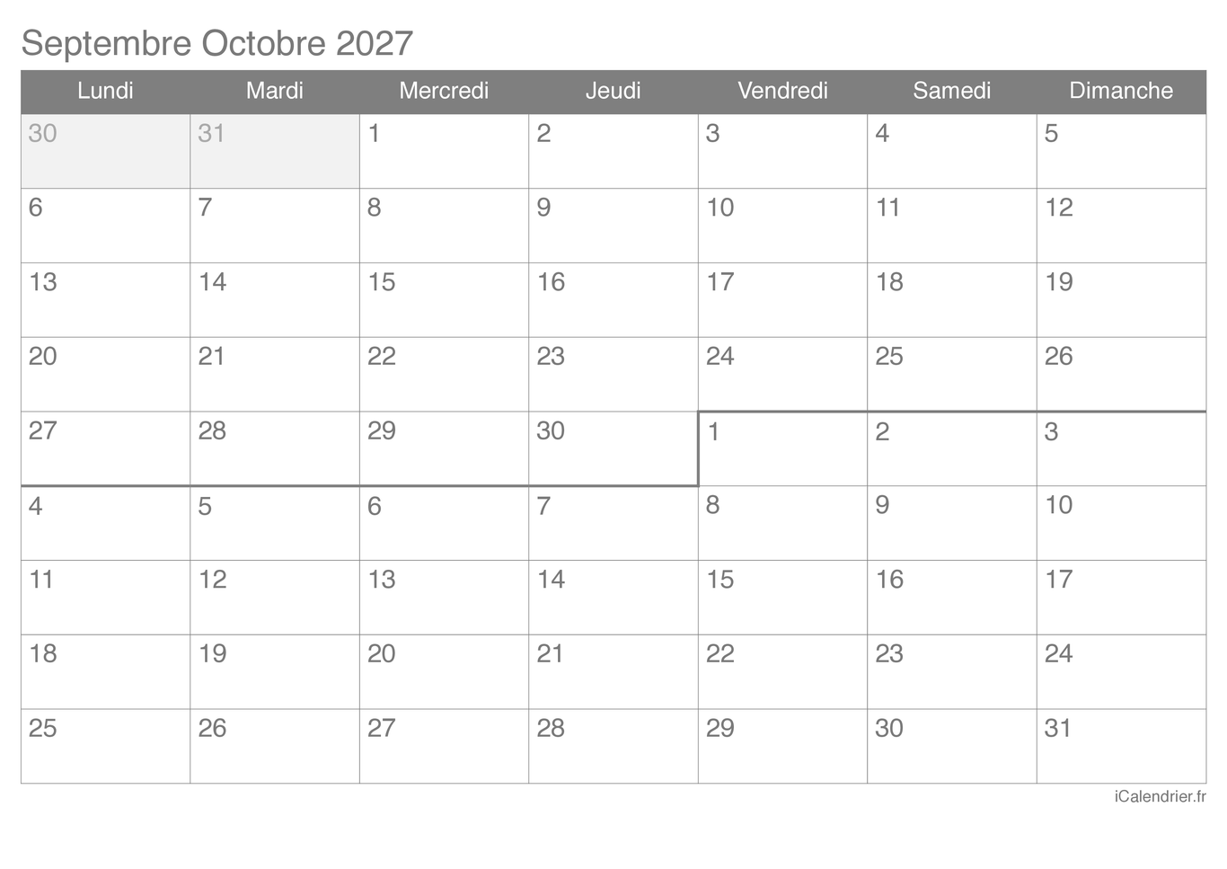Calendrier de septembre octobre 2027