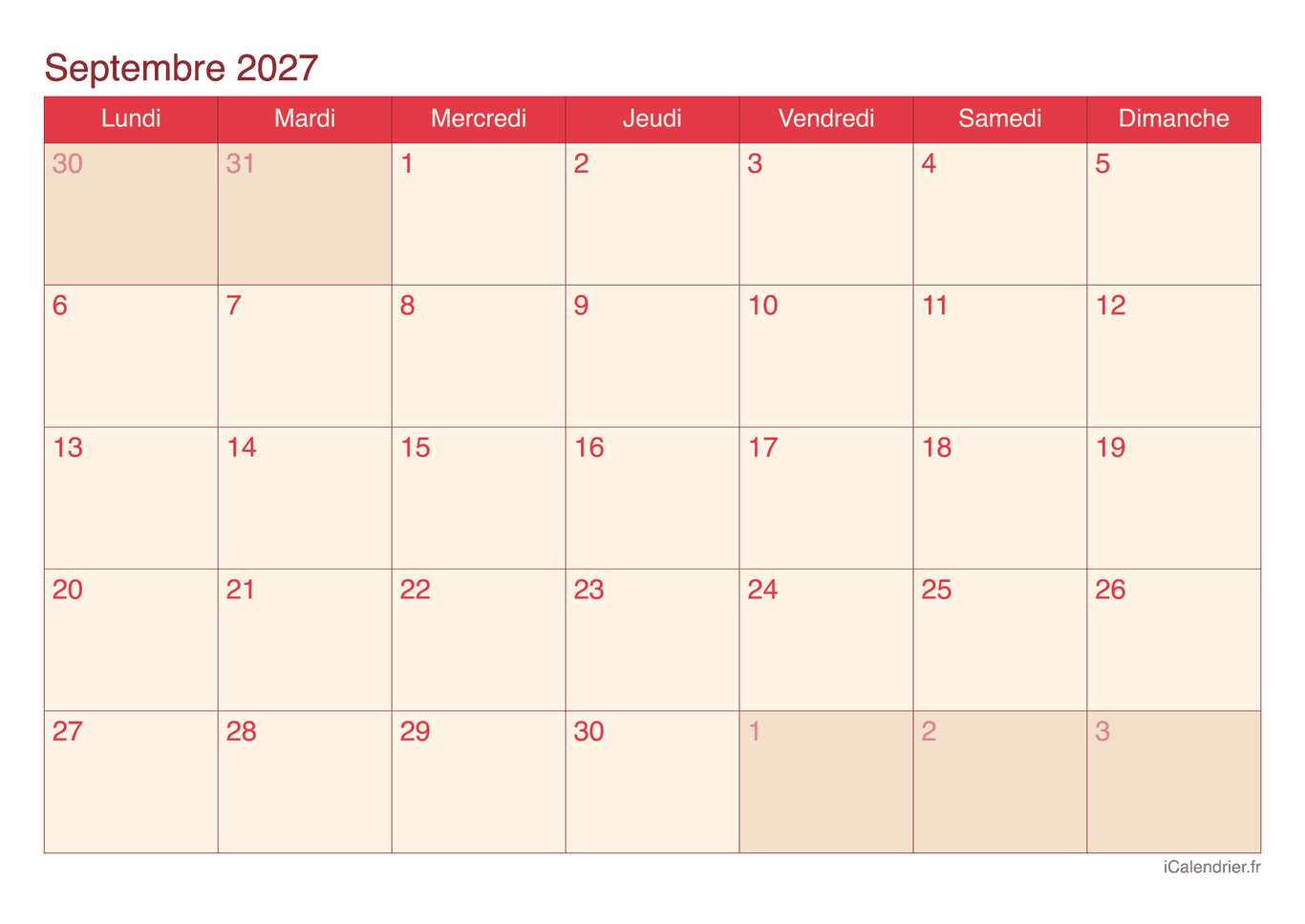 Calendrier de septembre 2027 - Cherry