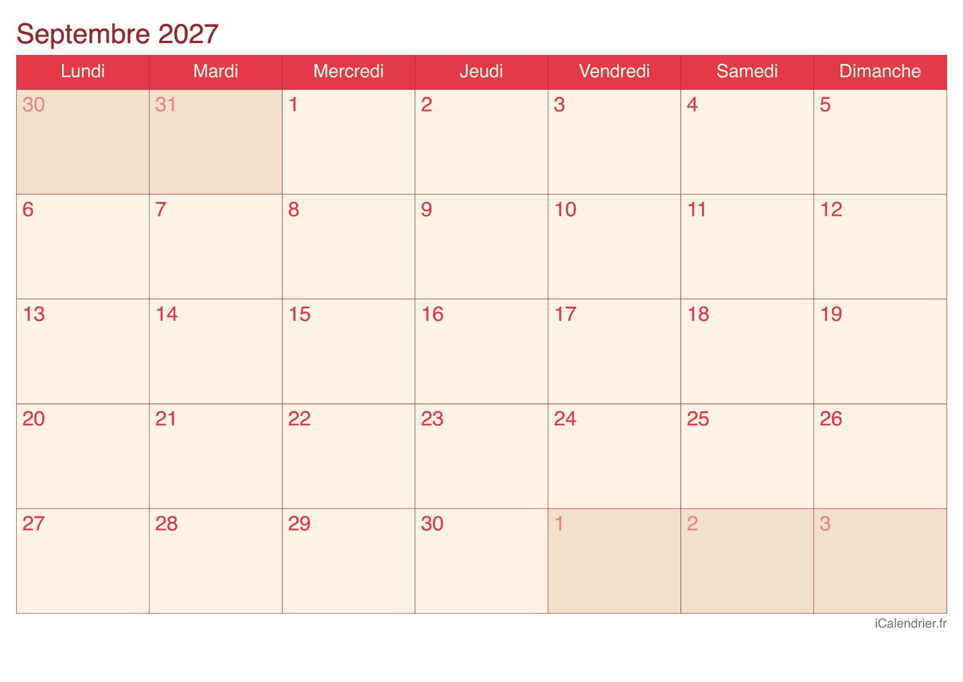 Calendrier de septembre 2027 - Cherry