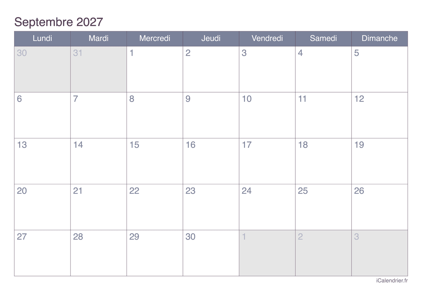 Calendrier de septembre 2027 - Office
