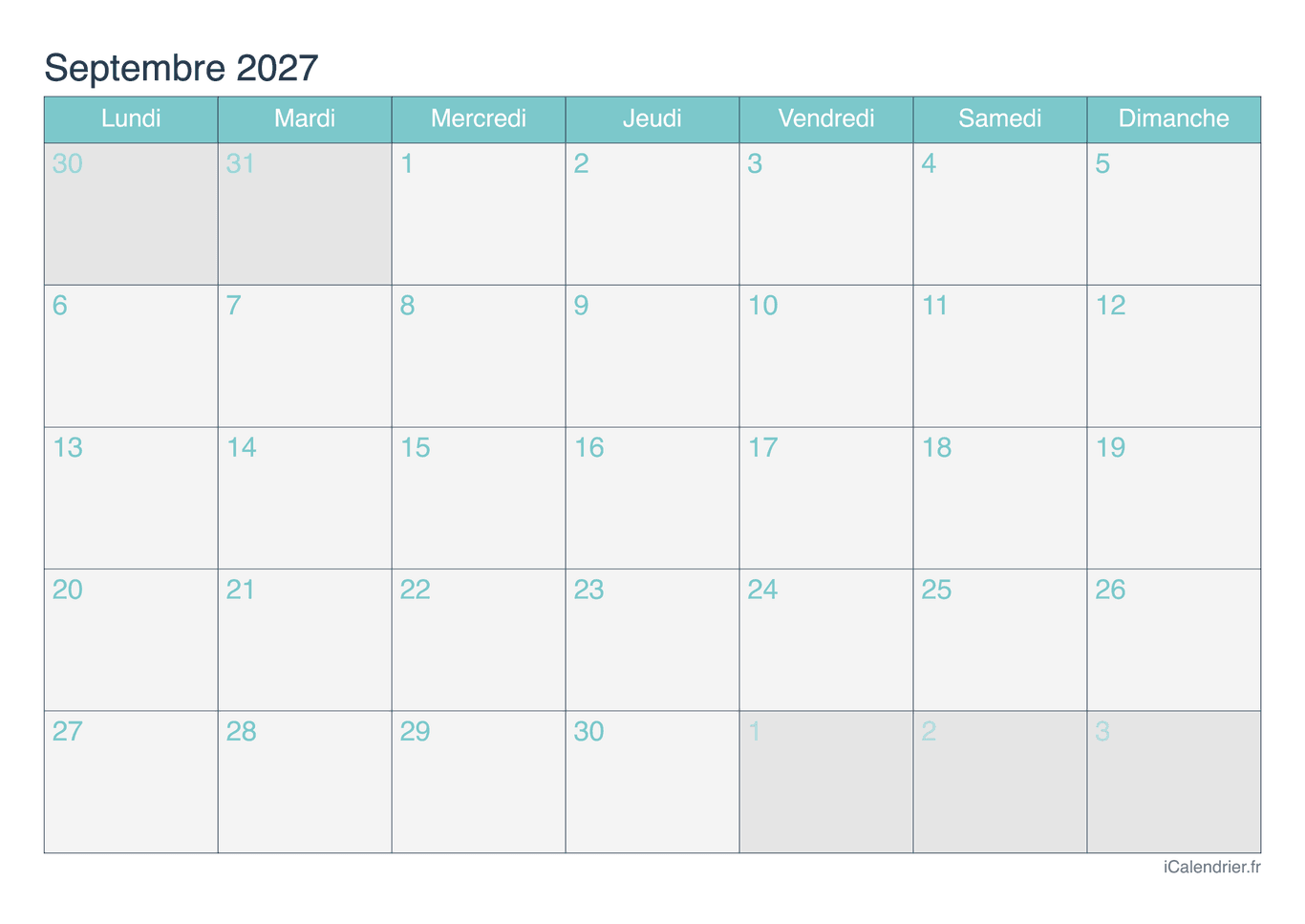 Calendrier de septembre 2027 - Turquoise