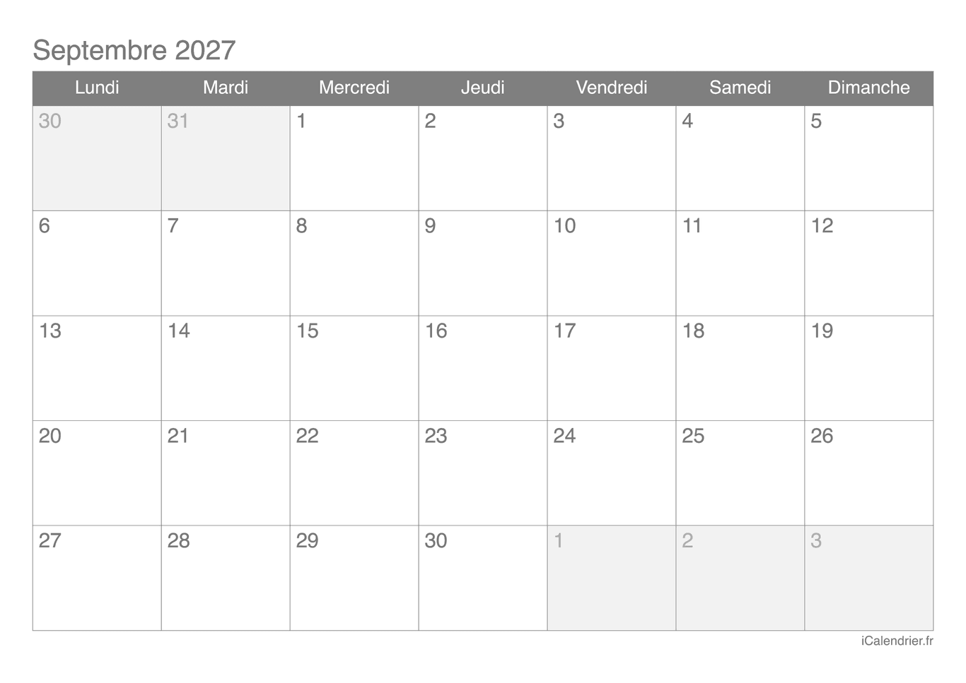 Calendrier de septembre 2027