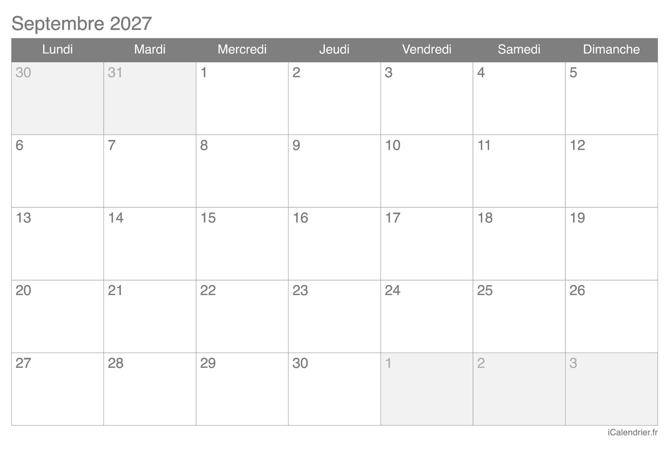 Calendrier de septembre 2027