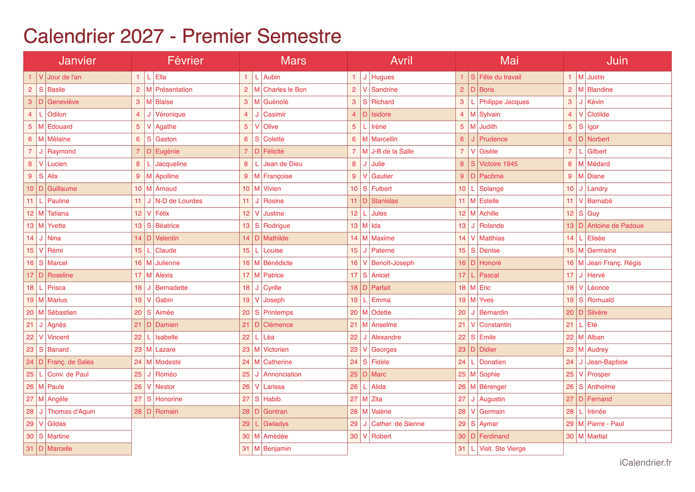 Calendrier par semestre 2027 avec fête du jour - Cherry
