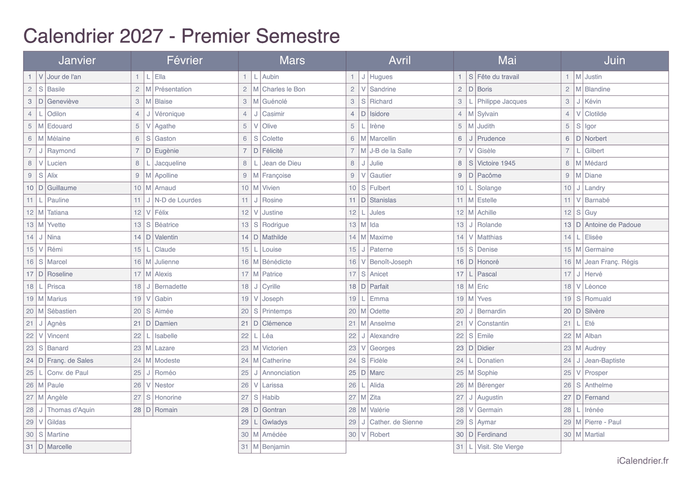Calendrier par semestre 2027 avec fête du jour - Office