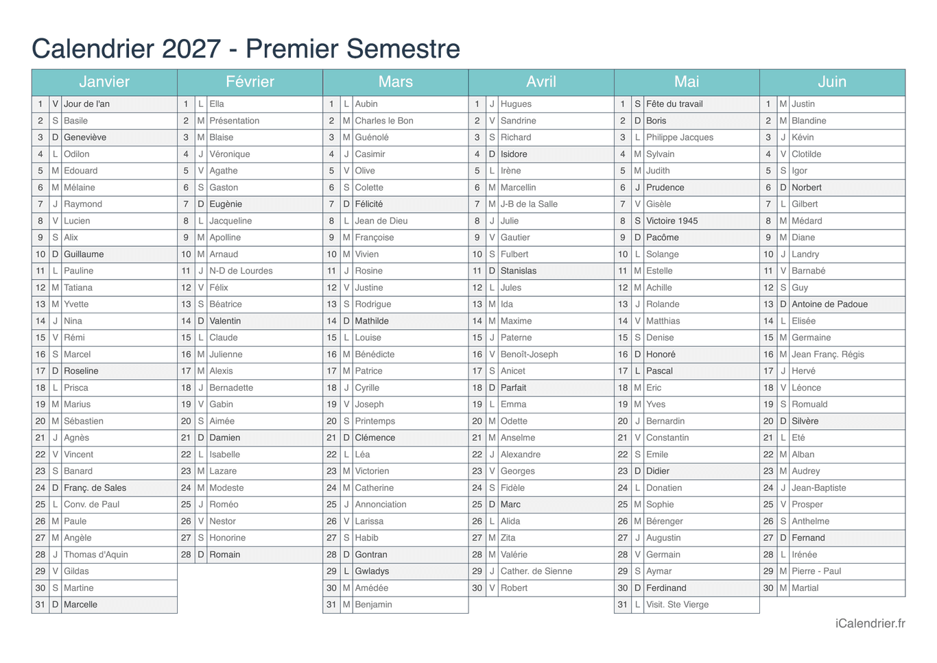 Calendrier par semestre 2027 avec fête du jour - Turquoise
