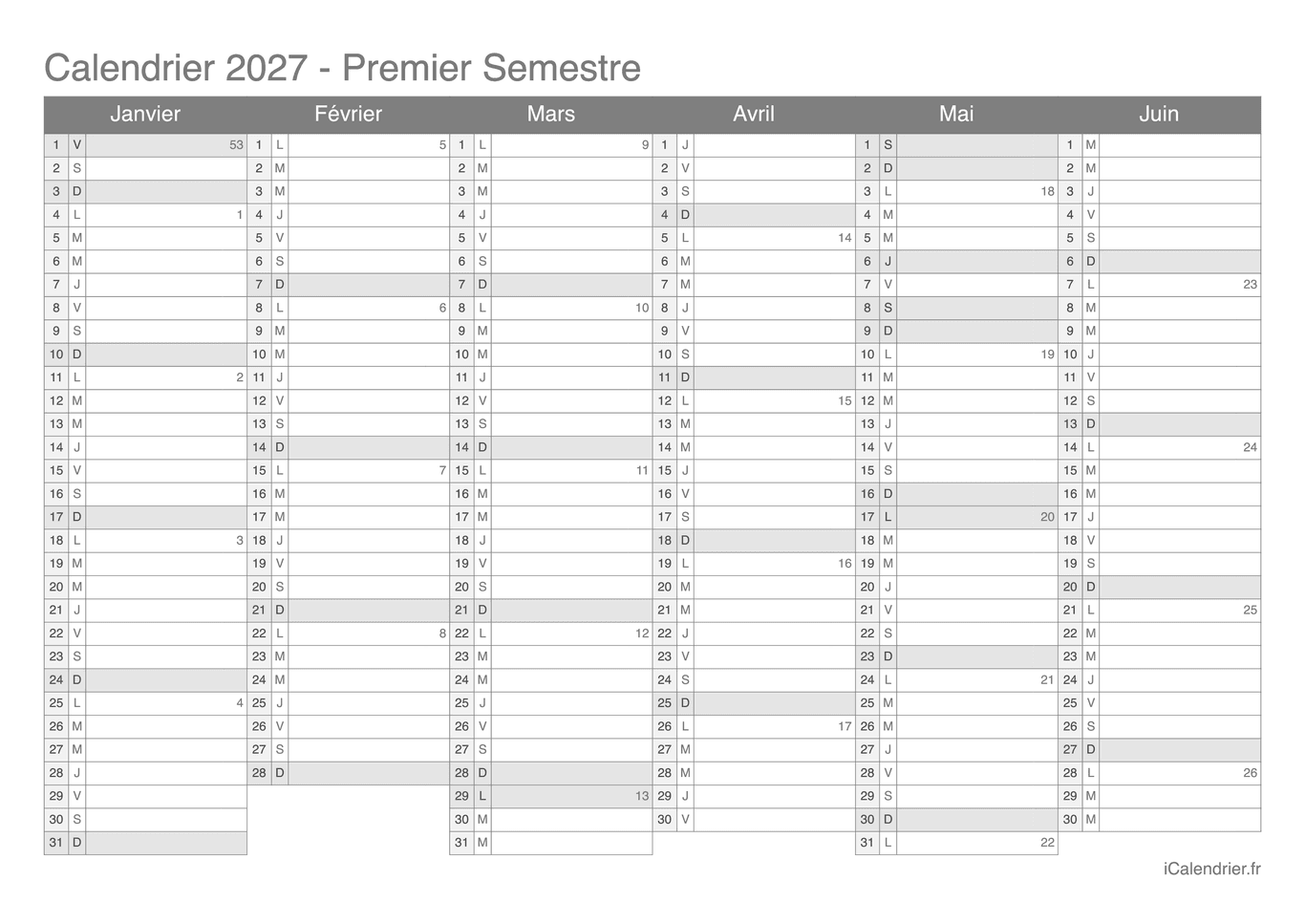 Calendrier par semestre avec numéros des semaines 2027