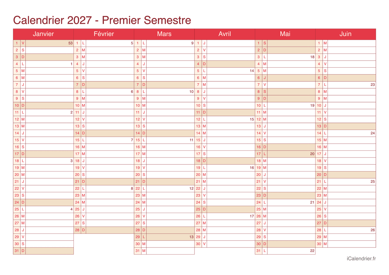 Calendrier par semestre avec numéros des semaines 2027 - Cherry