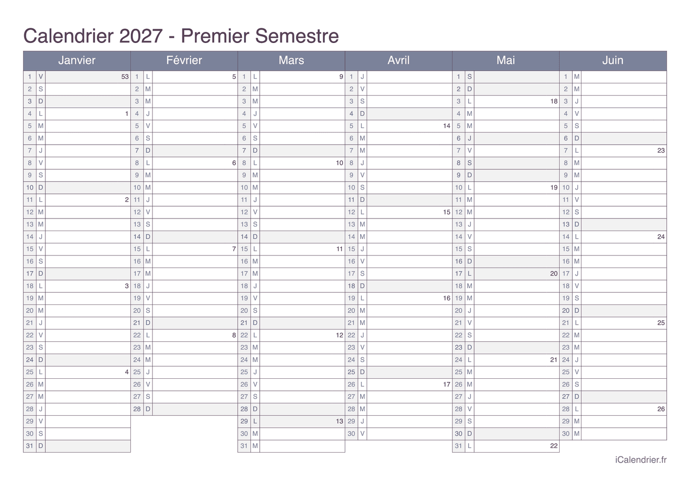 Calendrier par semestre avec numéros des semaines 2027 - Office