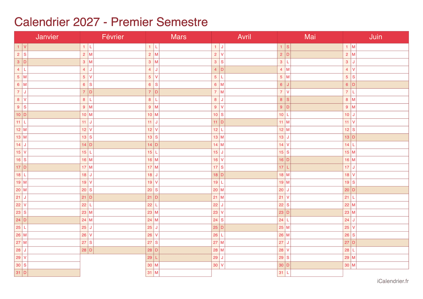 Calendrier par semestre 2027 - Cherry