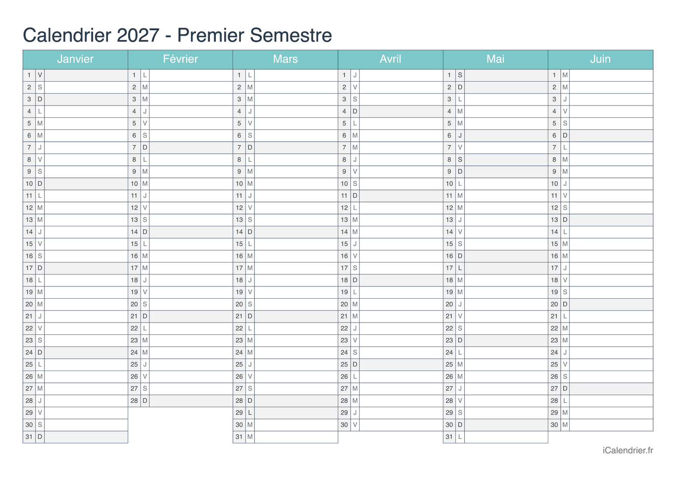 Calendrier par semestre 2027 - Turquoise