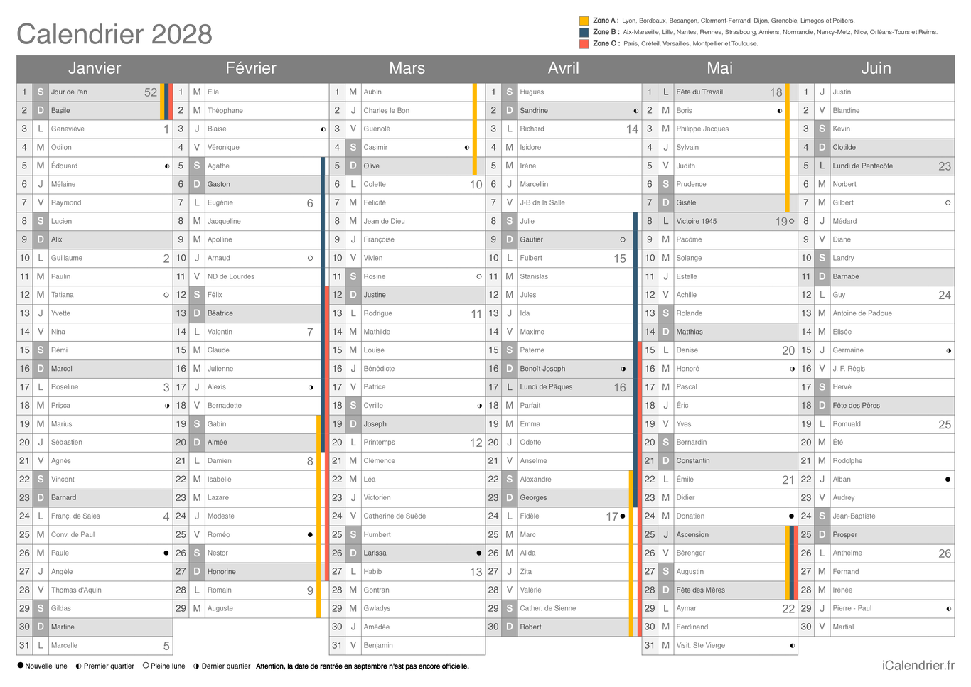 Calendrier complet 2028