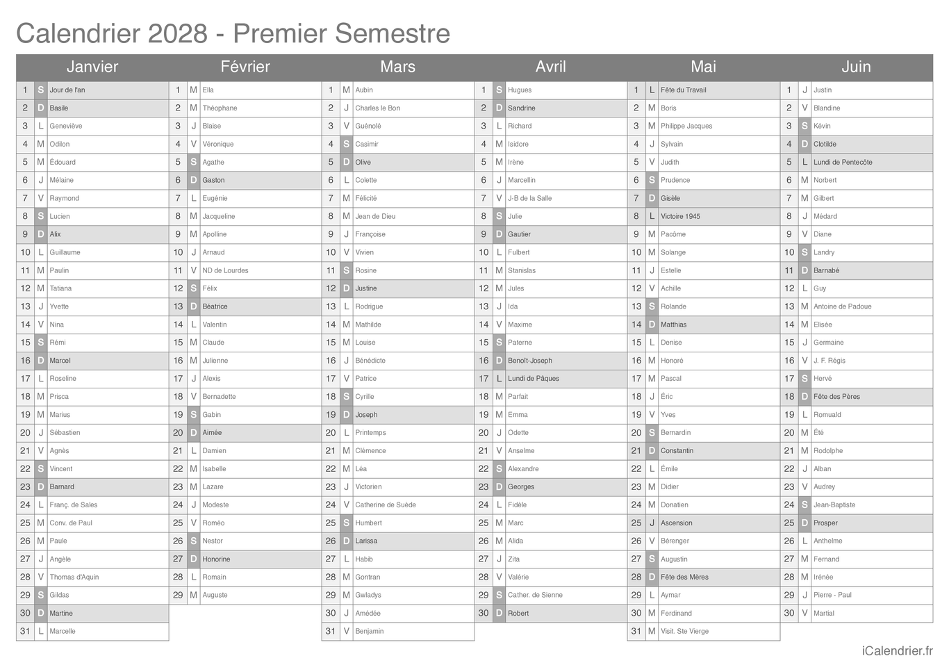 Calendrier par semestre 2028 avec fête du jour