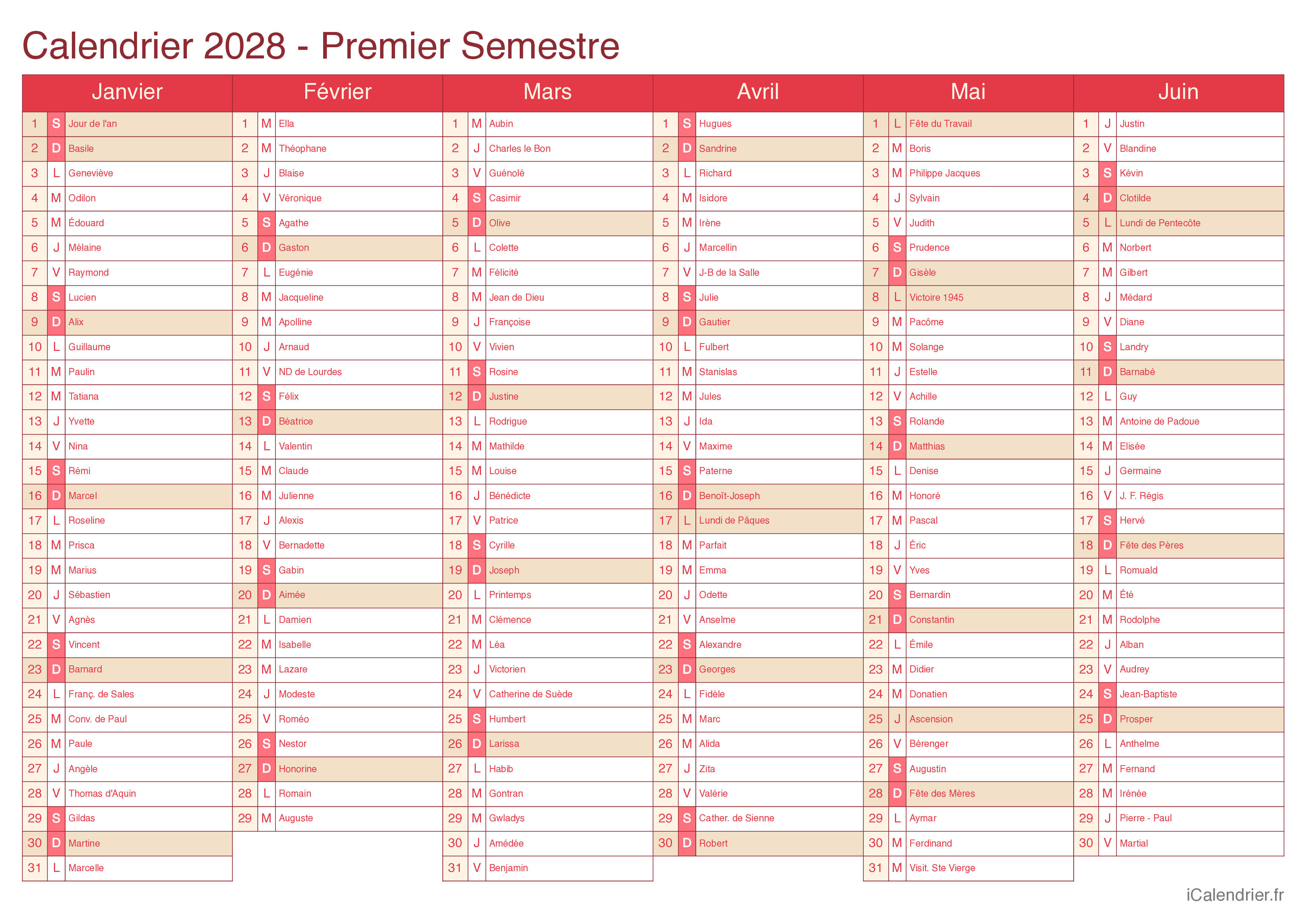 Calendrier par semestre 2028 avec fête du jour - Cherry