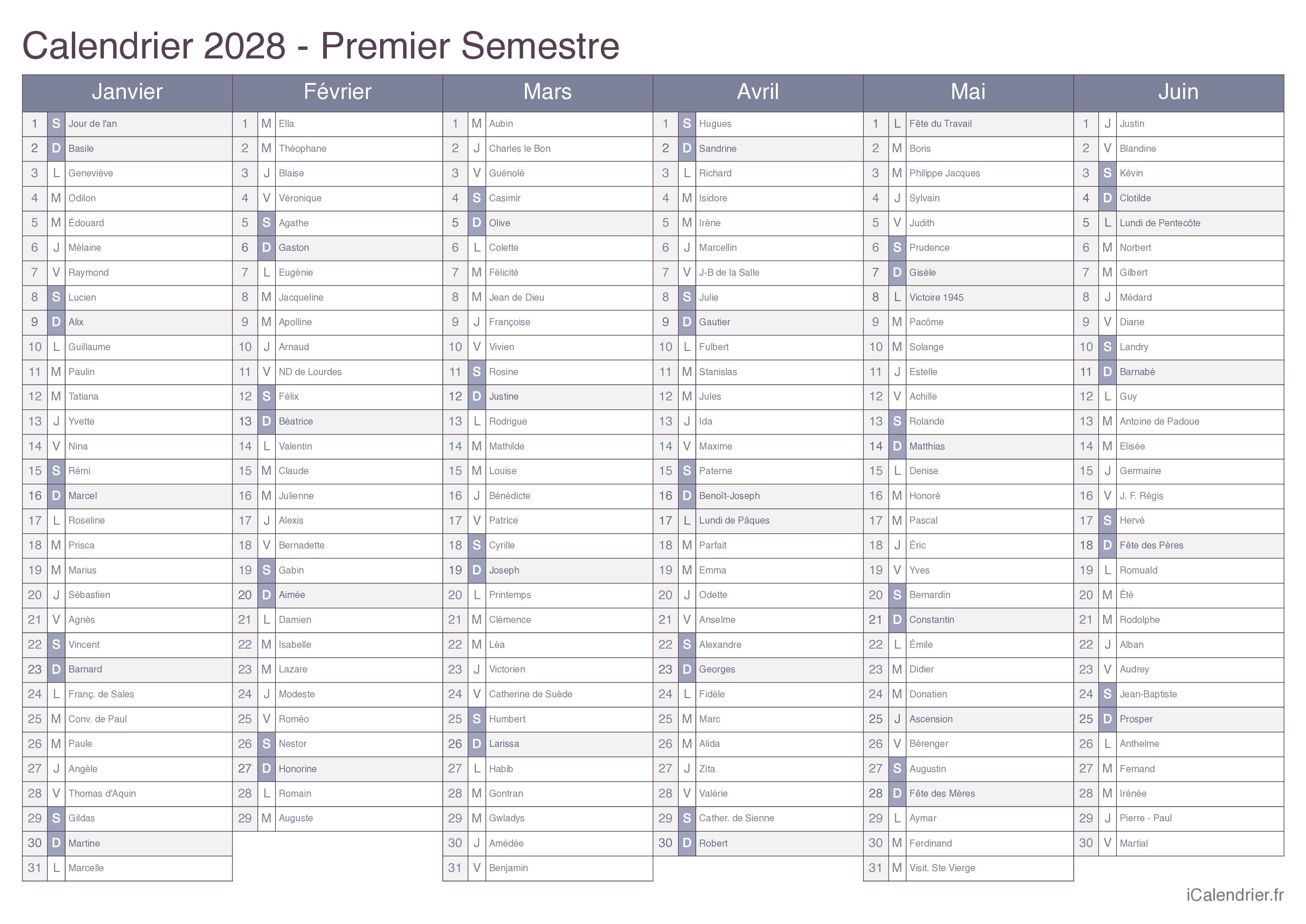 Calendrier par semestre 2028 avec fête du jour - Office