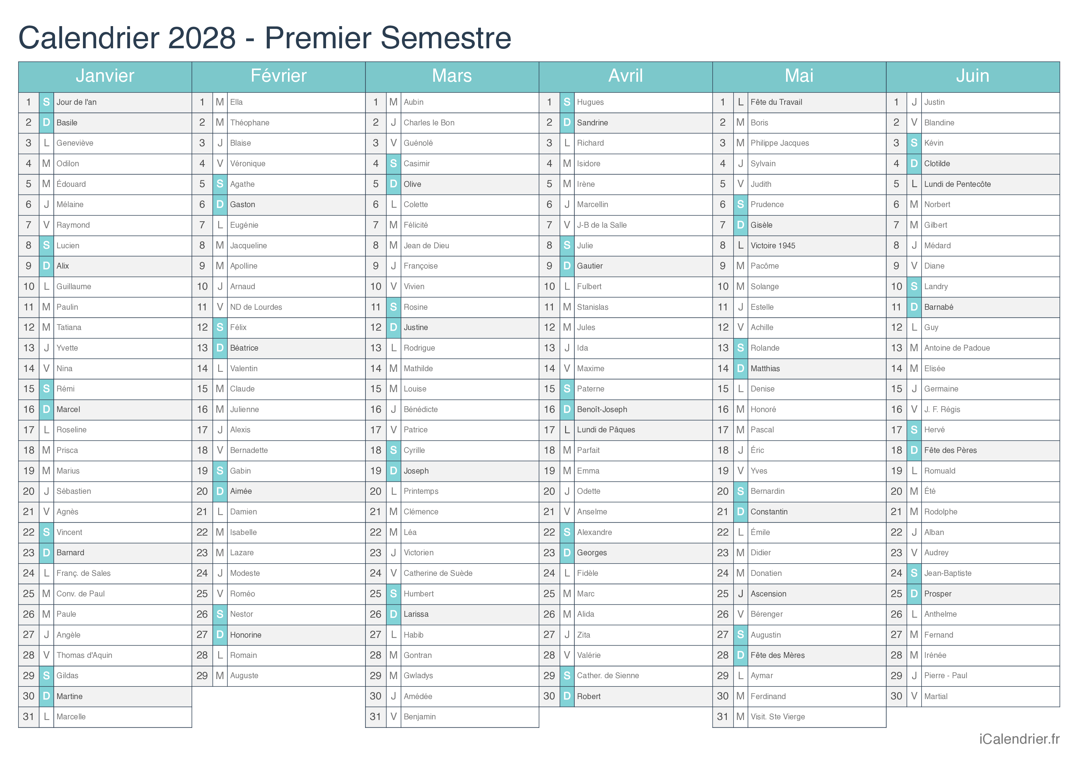 Calendrier par semestre 2028 avec fête du jour - Turquoise