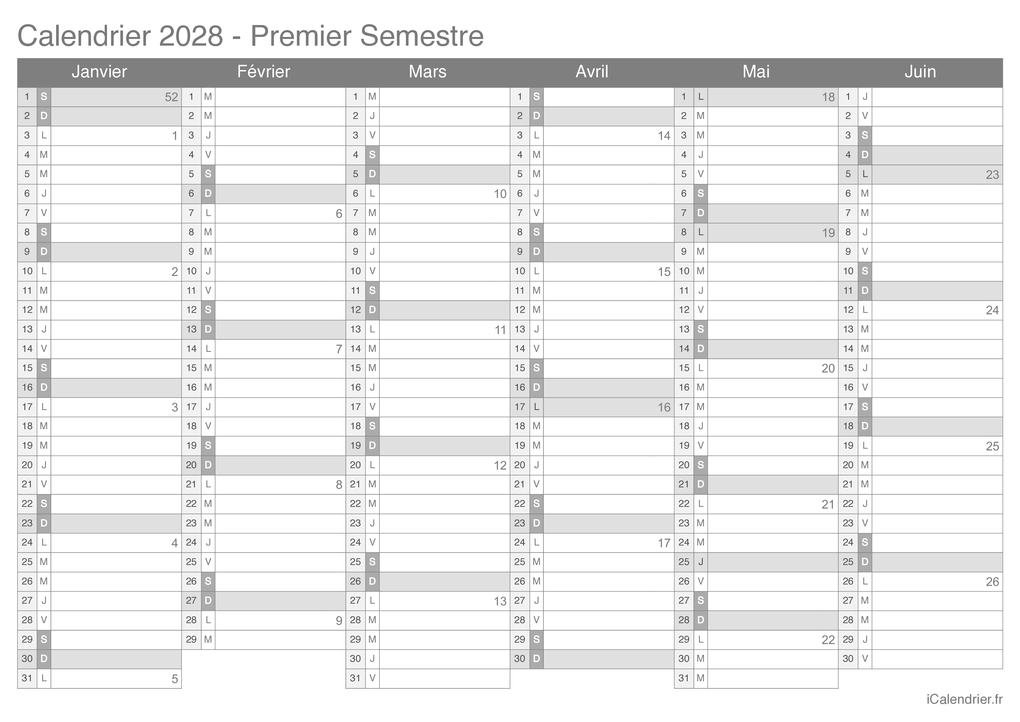 Calendrier par semestre avec numéros des semaines 2028
