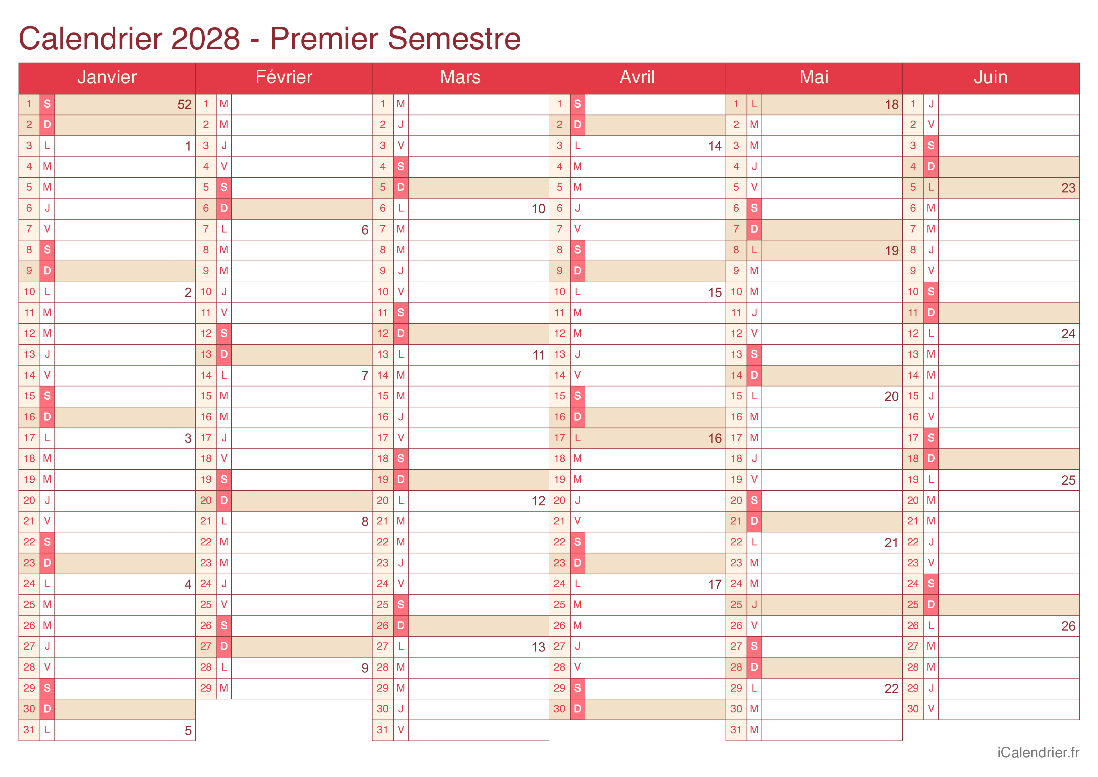 Calendrier par semestre avec numéros des semaines 2028 - Cherry