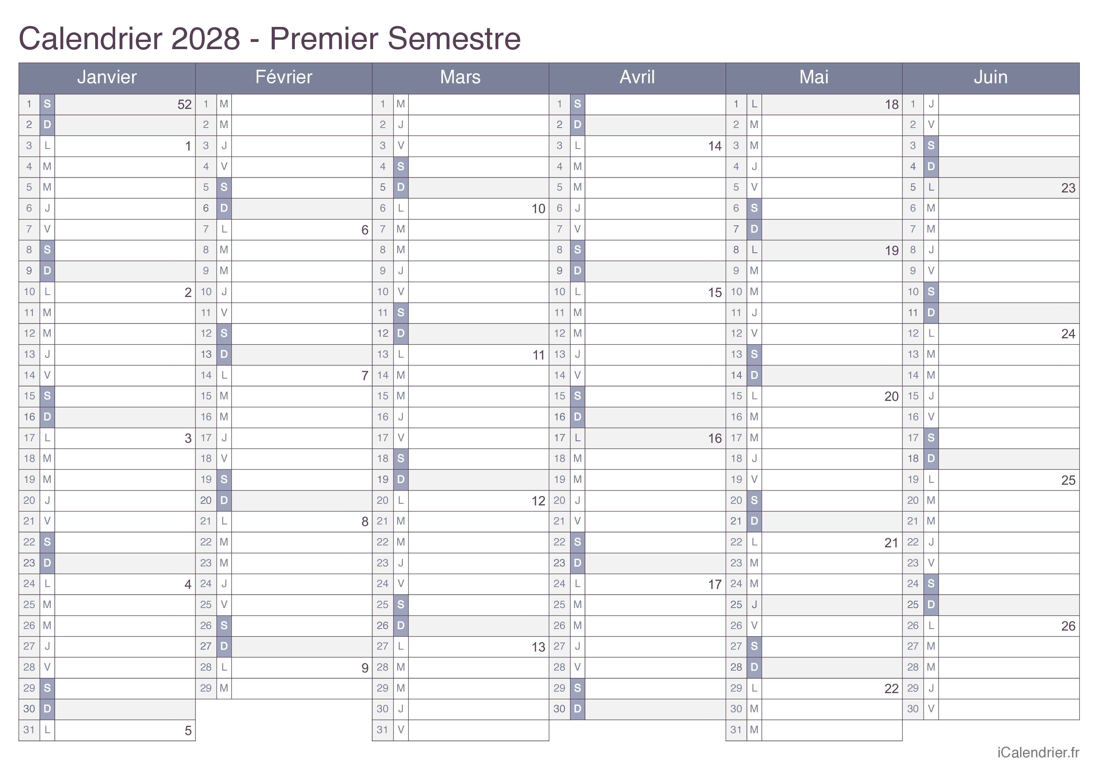Calendrier par semestre avec numéros des semaines 2028 - Office