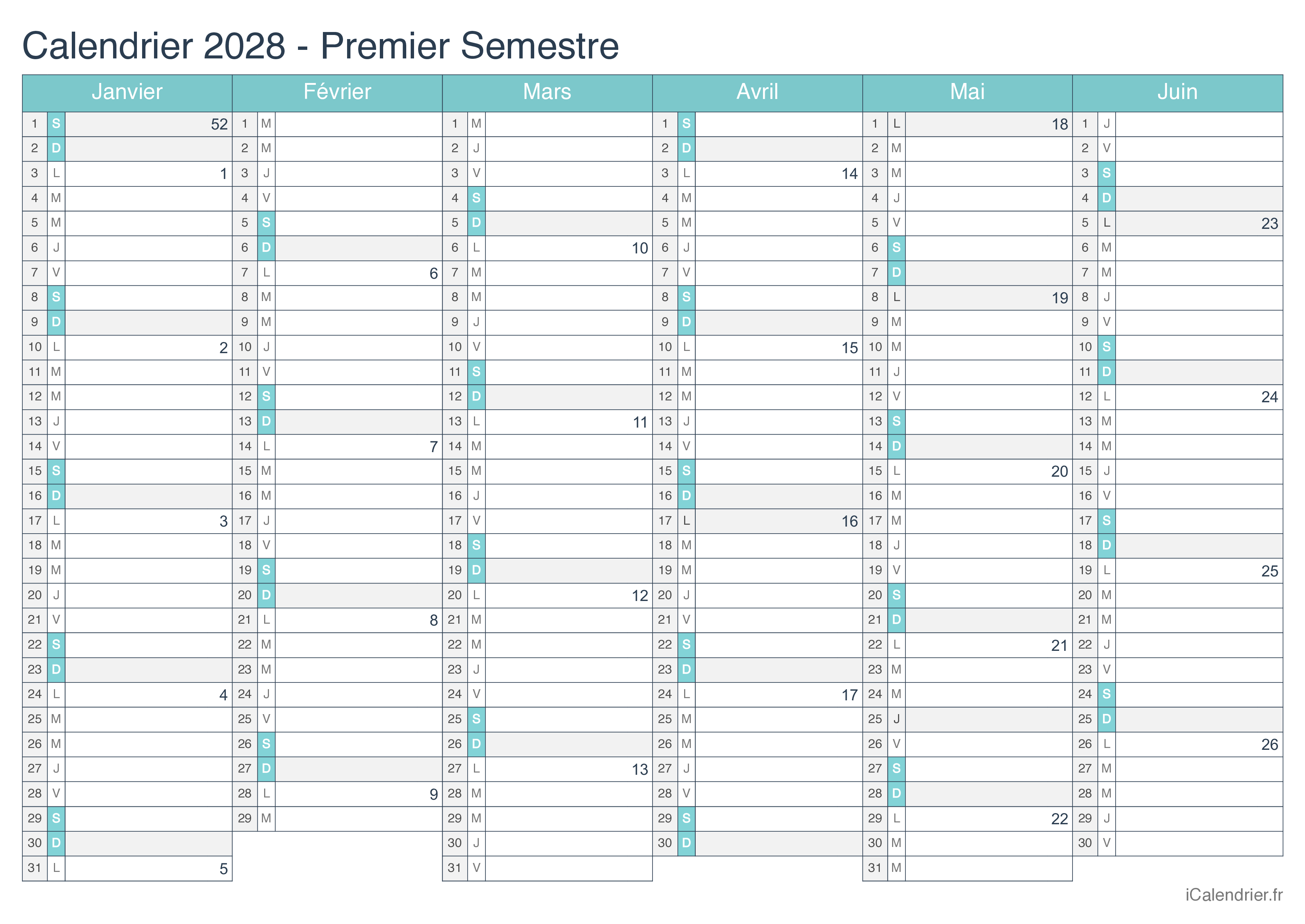 Calendrier par semestre avec numéros des semaines 2028 - Turquoise
