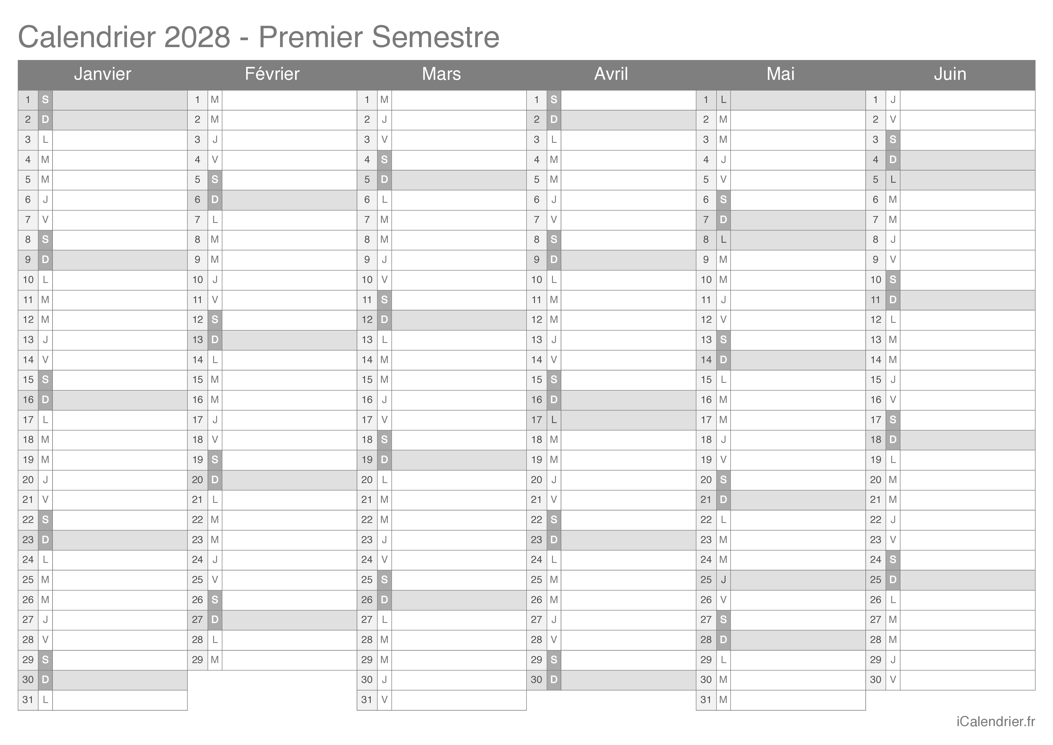 Calendrier par semestre 2028