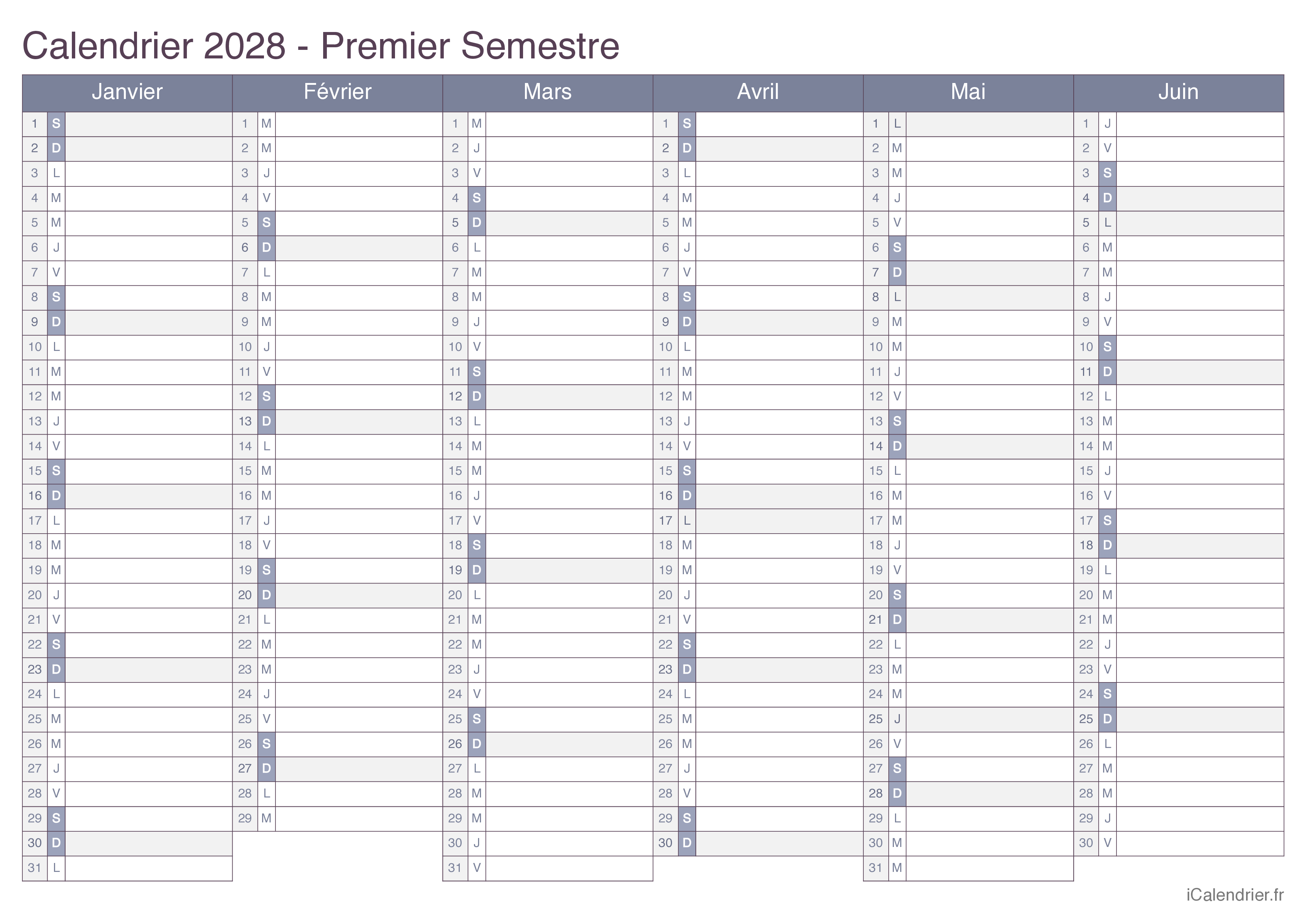 Calendrier par semestre 2028 - Office