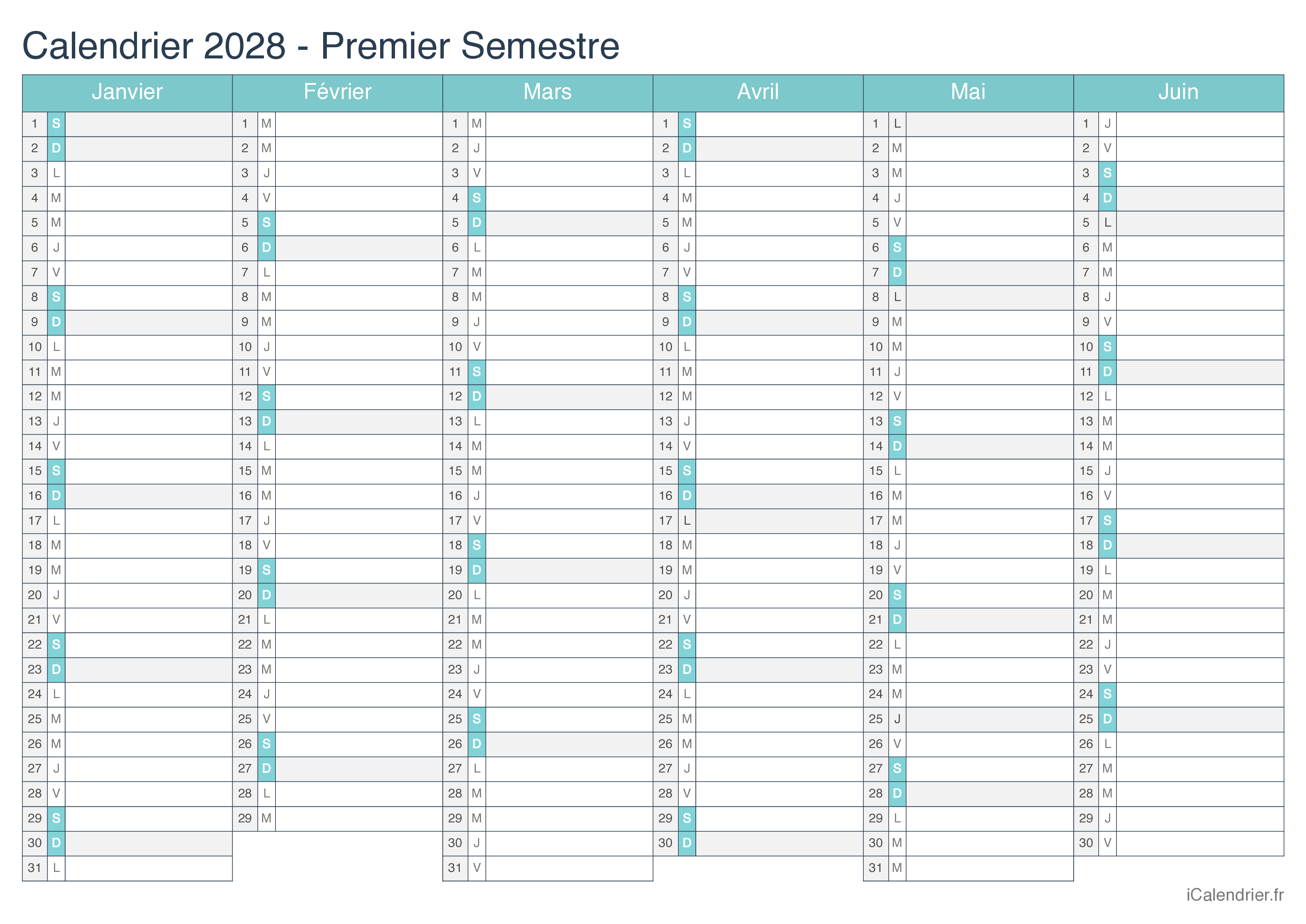 Calendrier par semestre 2028 - Turquoise