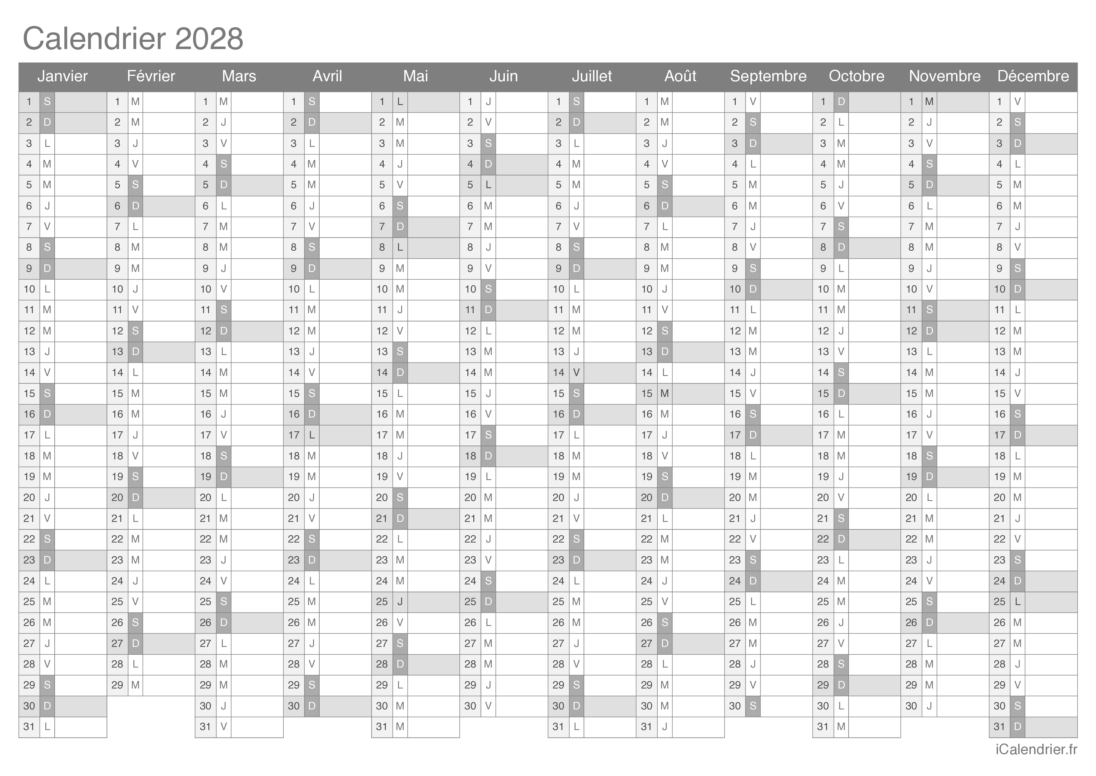 Calendrier 2028
