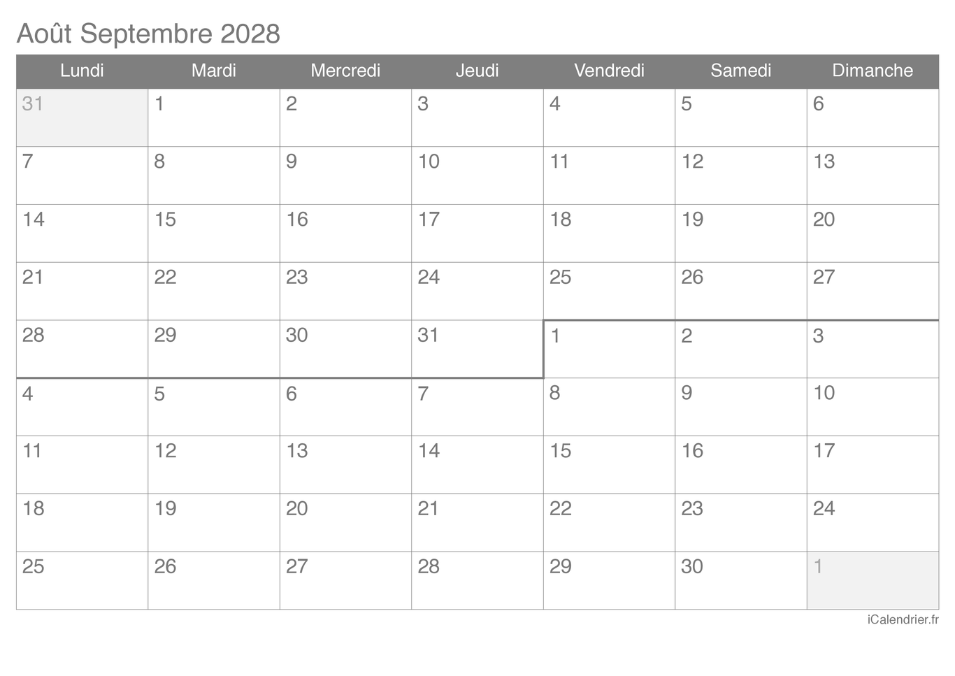 Calendrier d'août septembre 2028