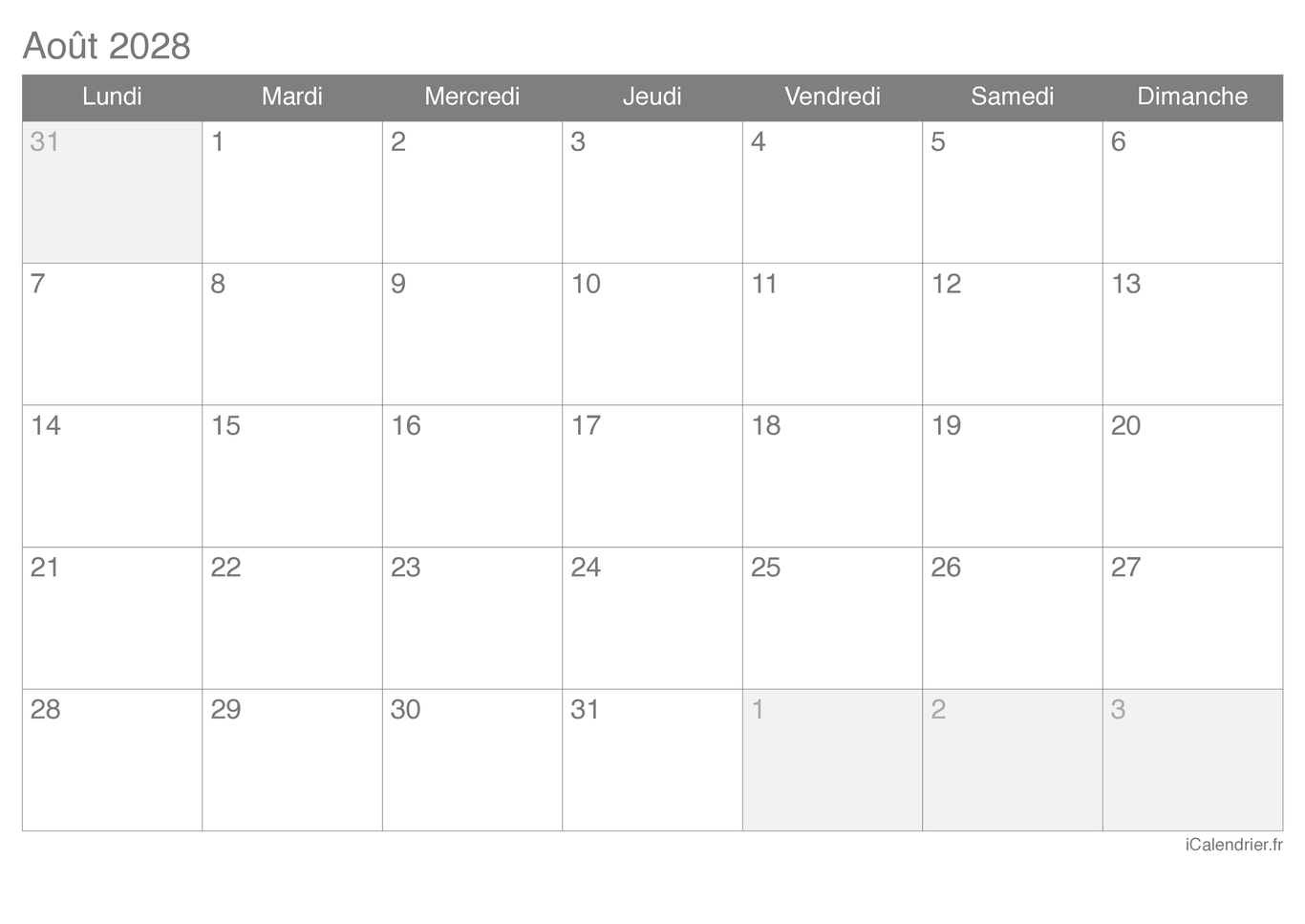 Calendrier d'août 2028
