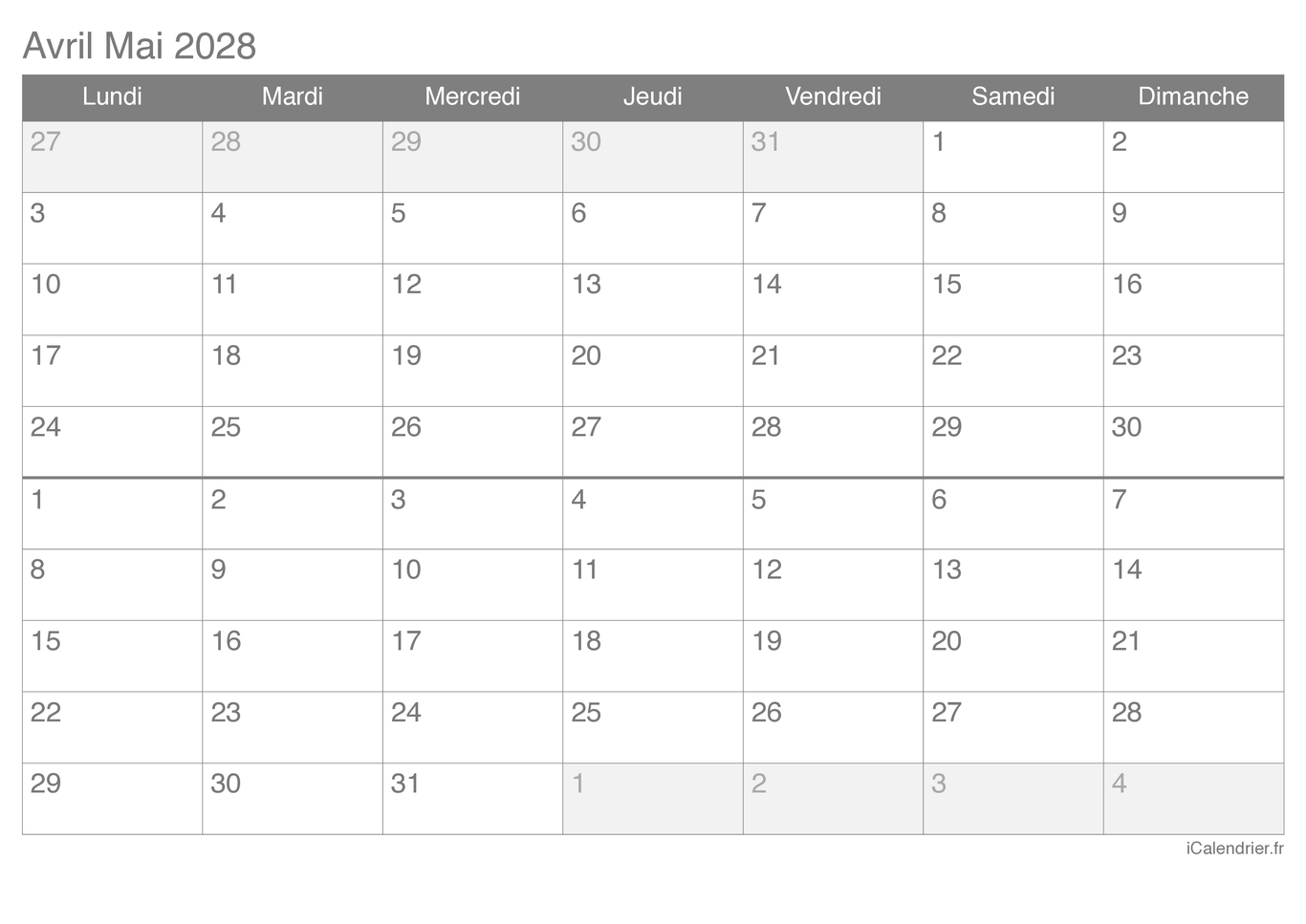 Calendrier d'avril mai 2028