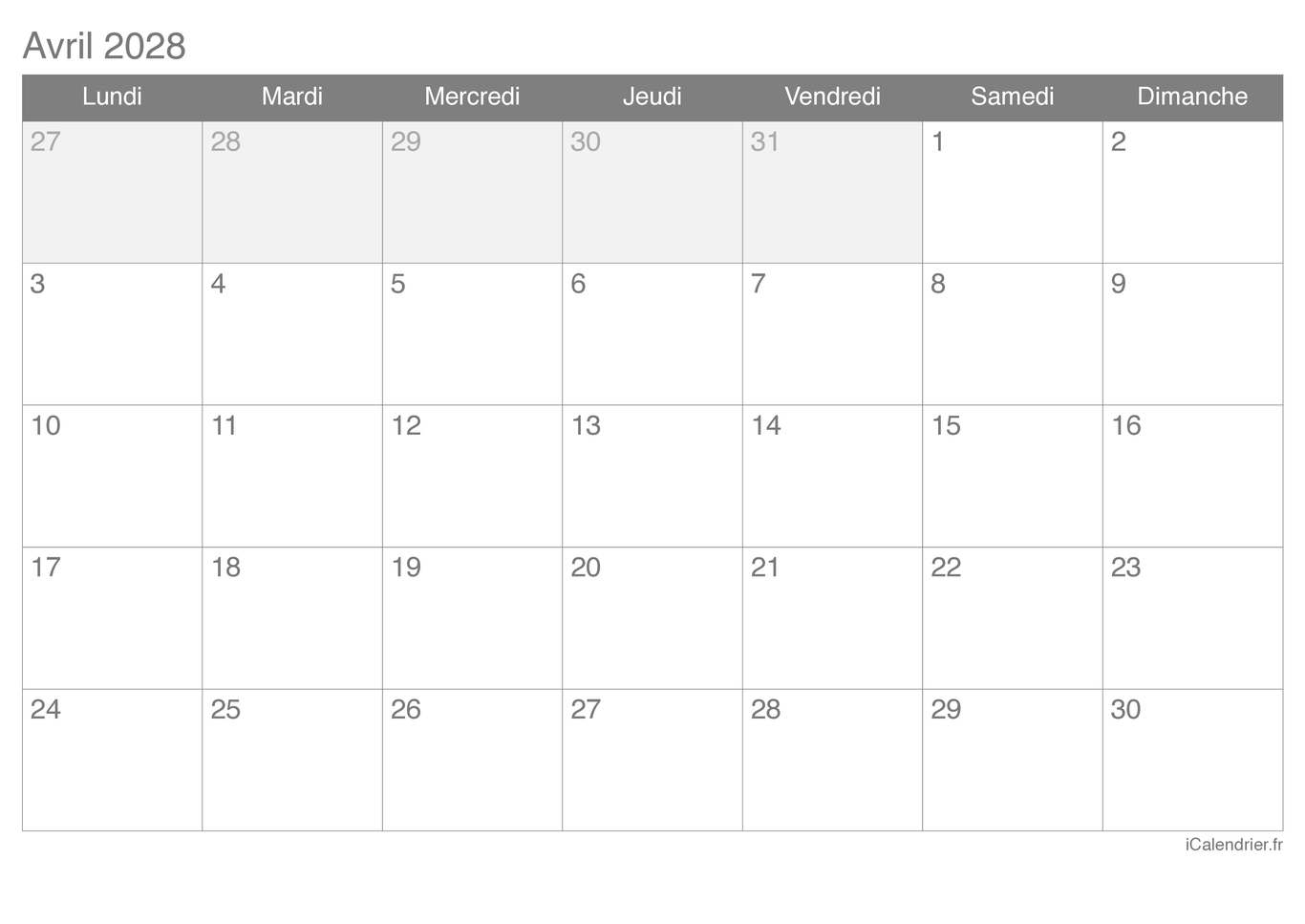 Calendrier d'avril 2028