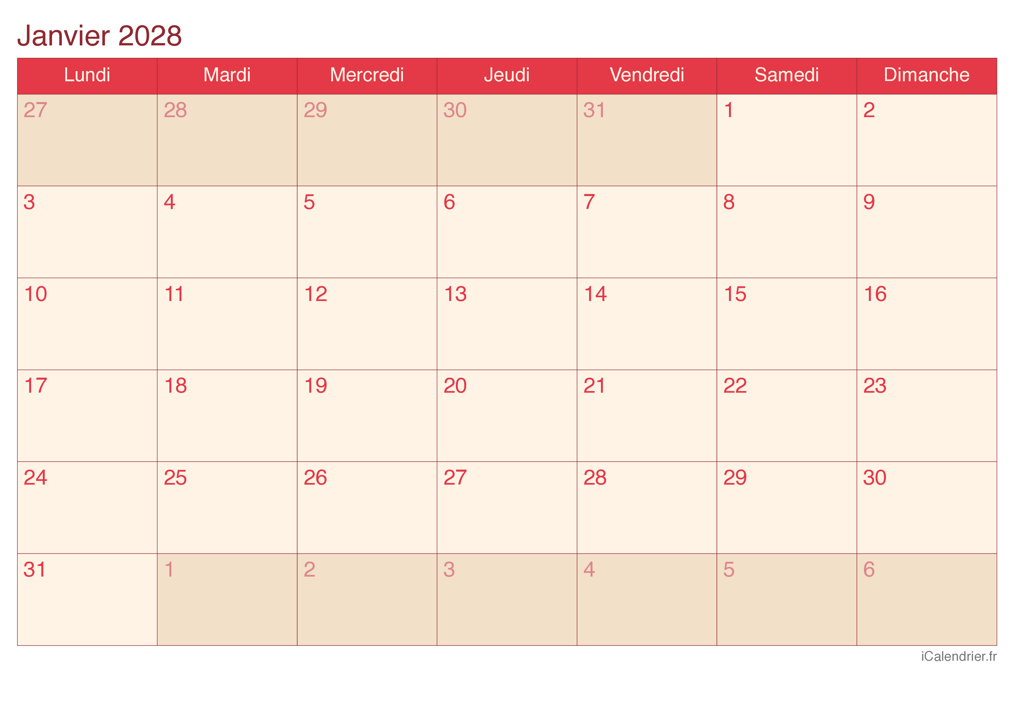 Calendrier par mois 2028 - Cherry