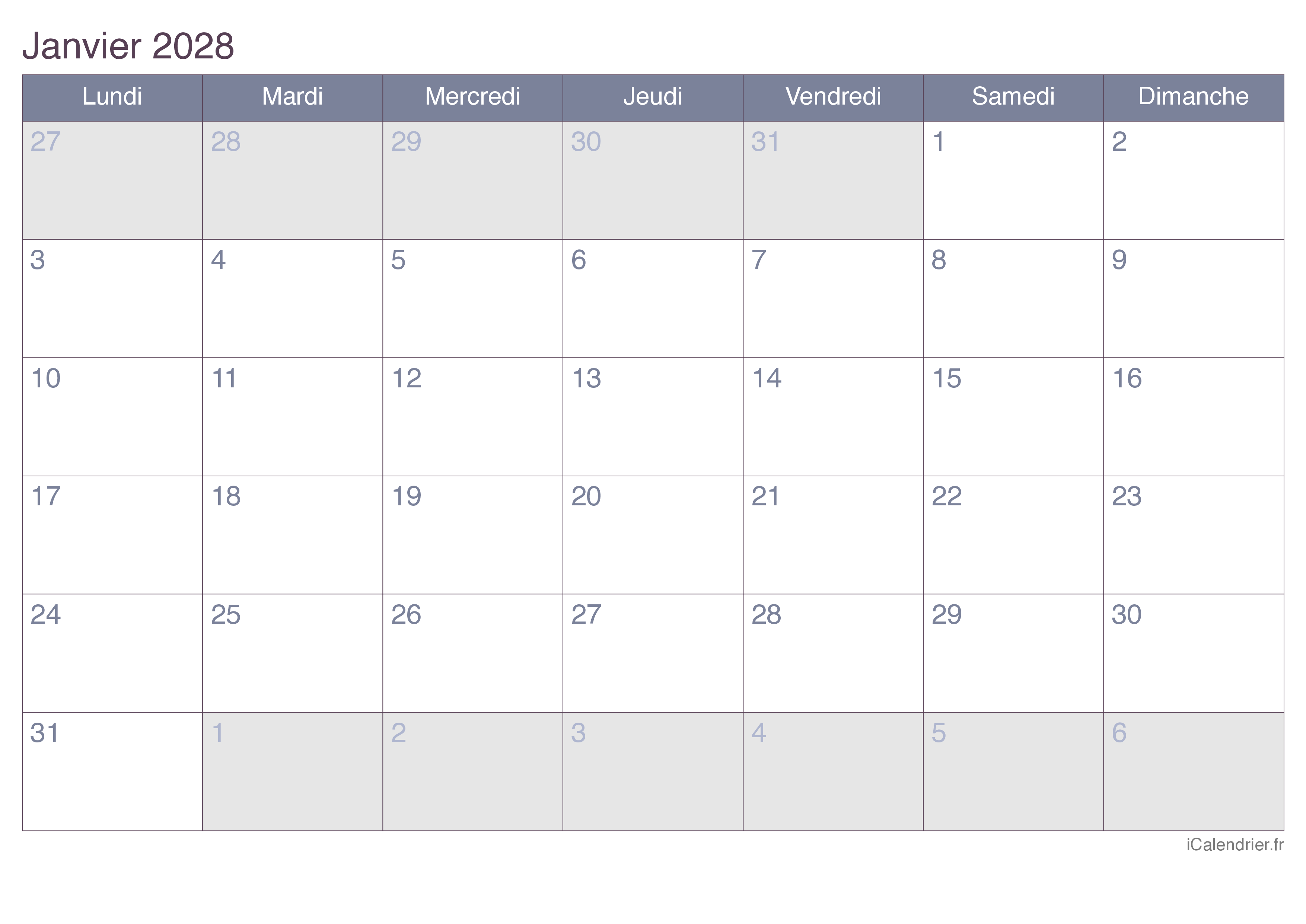 Calendrier par mois 2028 - Office