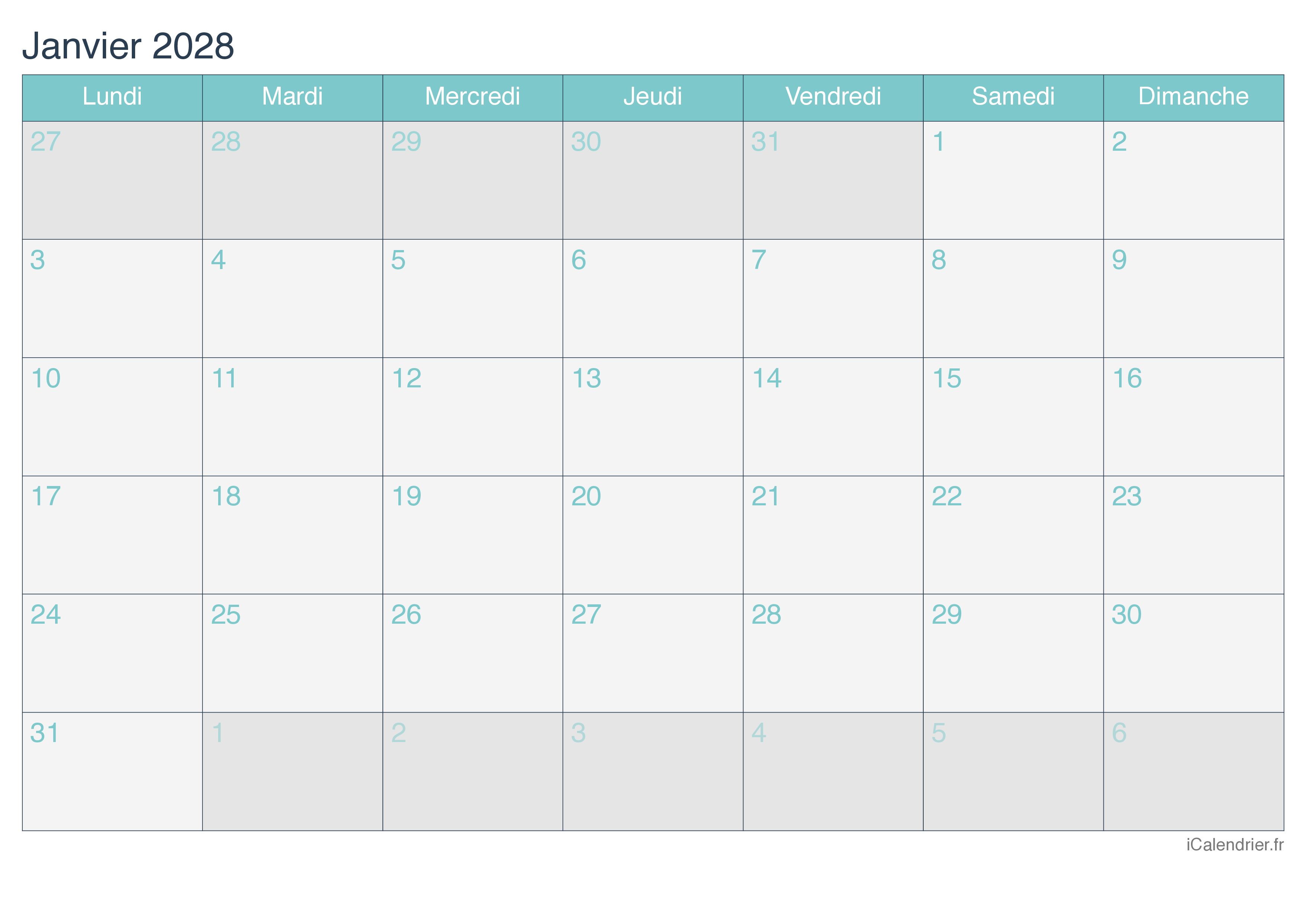 Calendrier par mois 2028 - Turquoise