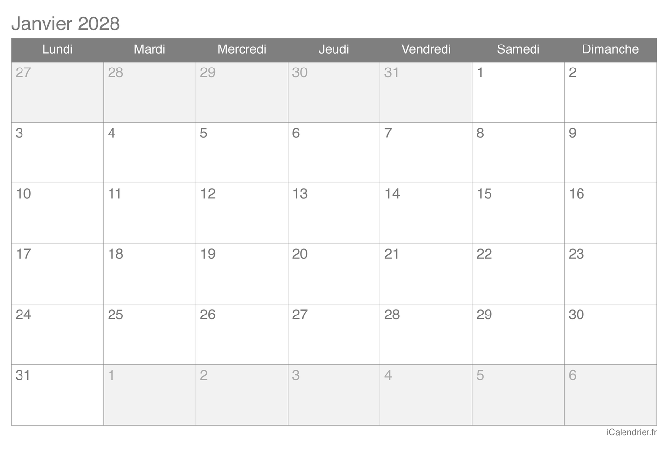 Calendrier par mois 2028