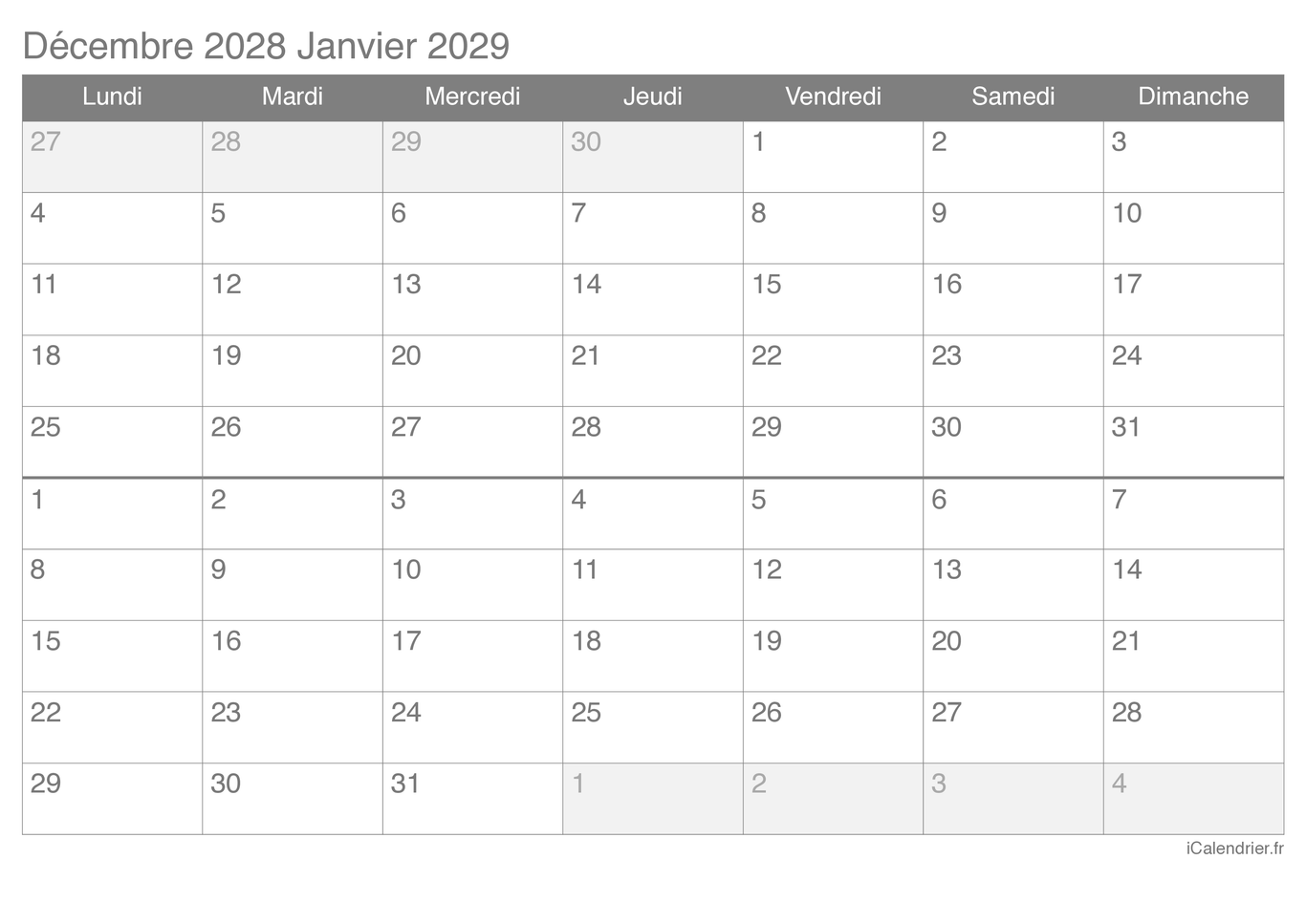 Calendrier de décembre janvier 2028