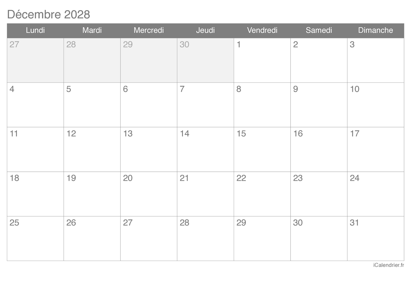Calendrier de décembre 2028