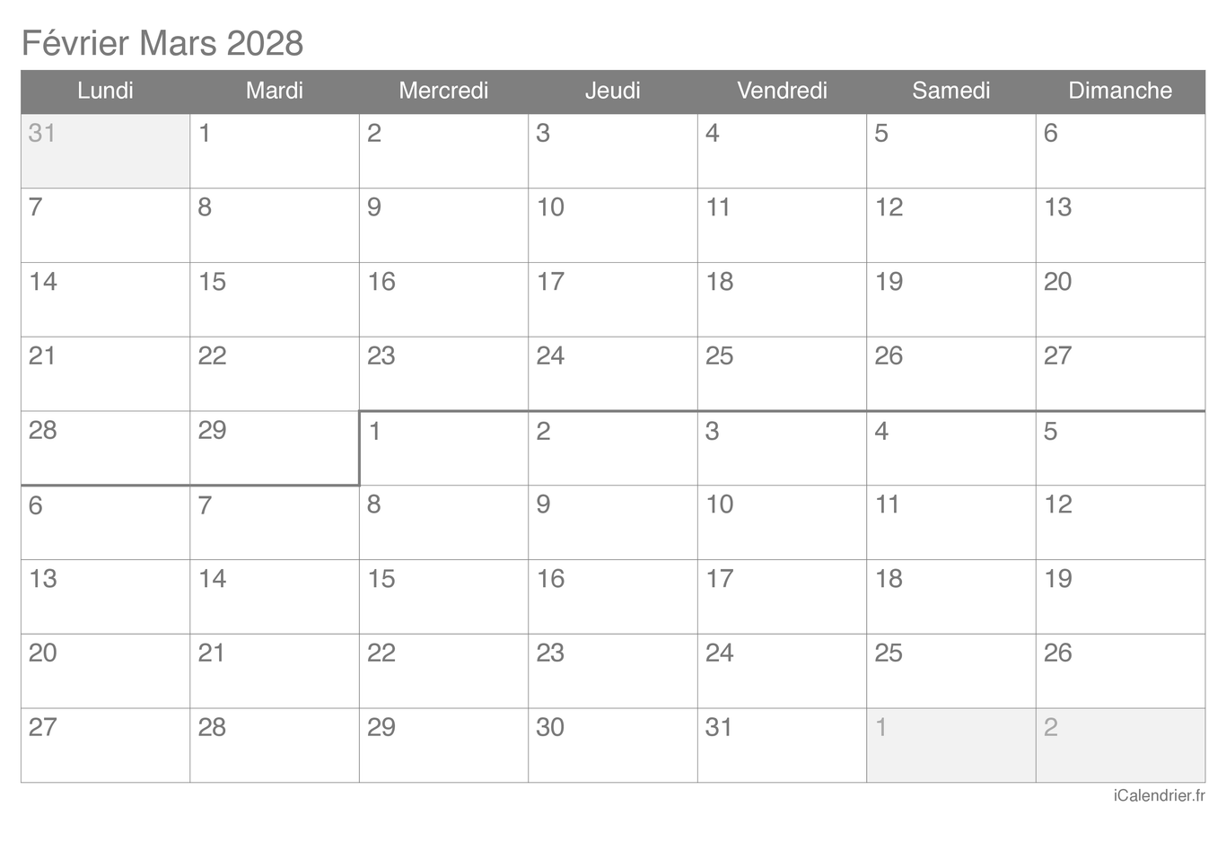 Calendrier de février mars 2028