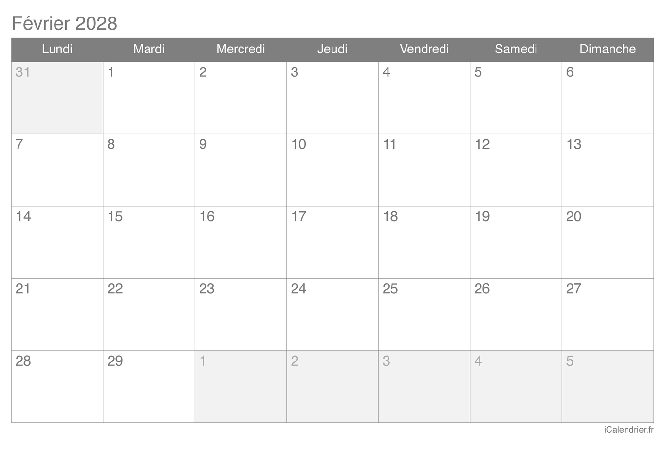 Calendrier de février 2028