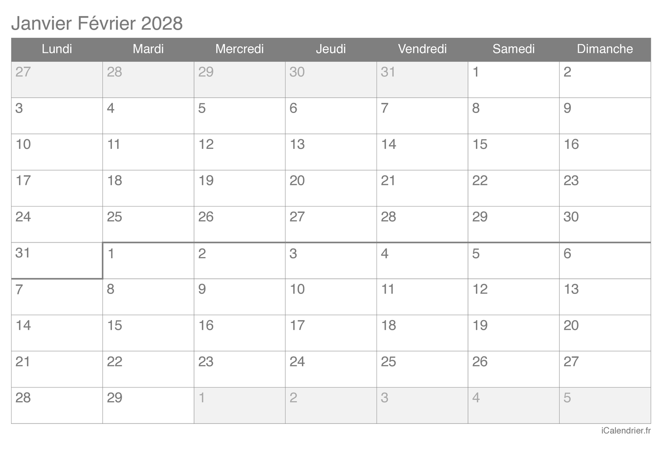Calendrier de janvier février 2028