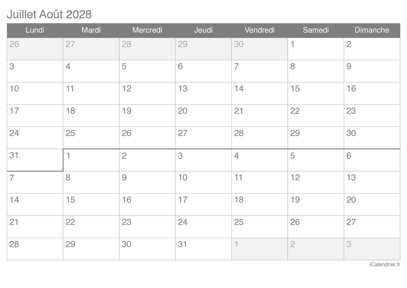 Calendrier de juillet août 2028