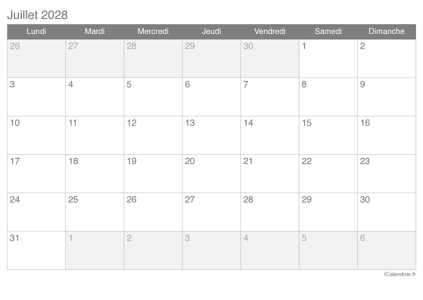 Calendrier de juillet 2028