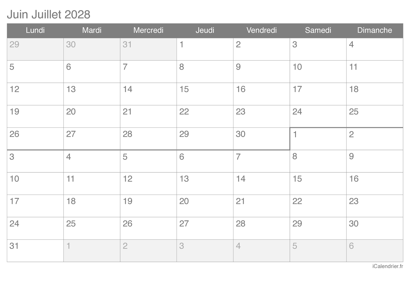 Calendrier de juin juillet 2028