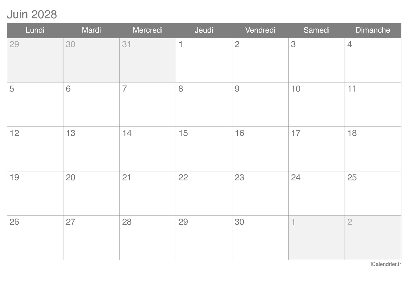 Calendrier de juin 2028