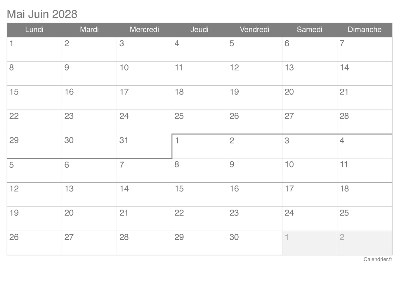 Calendrier de mai juin 2028