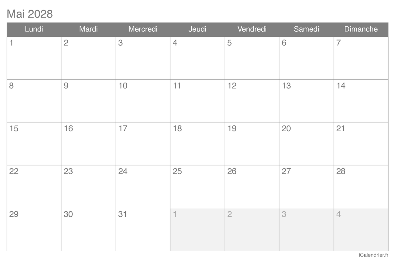 Calendrier de mai 2028