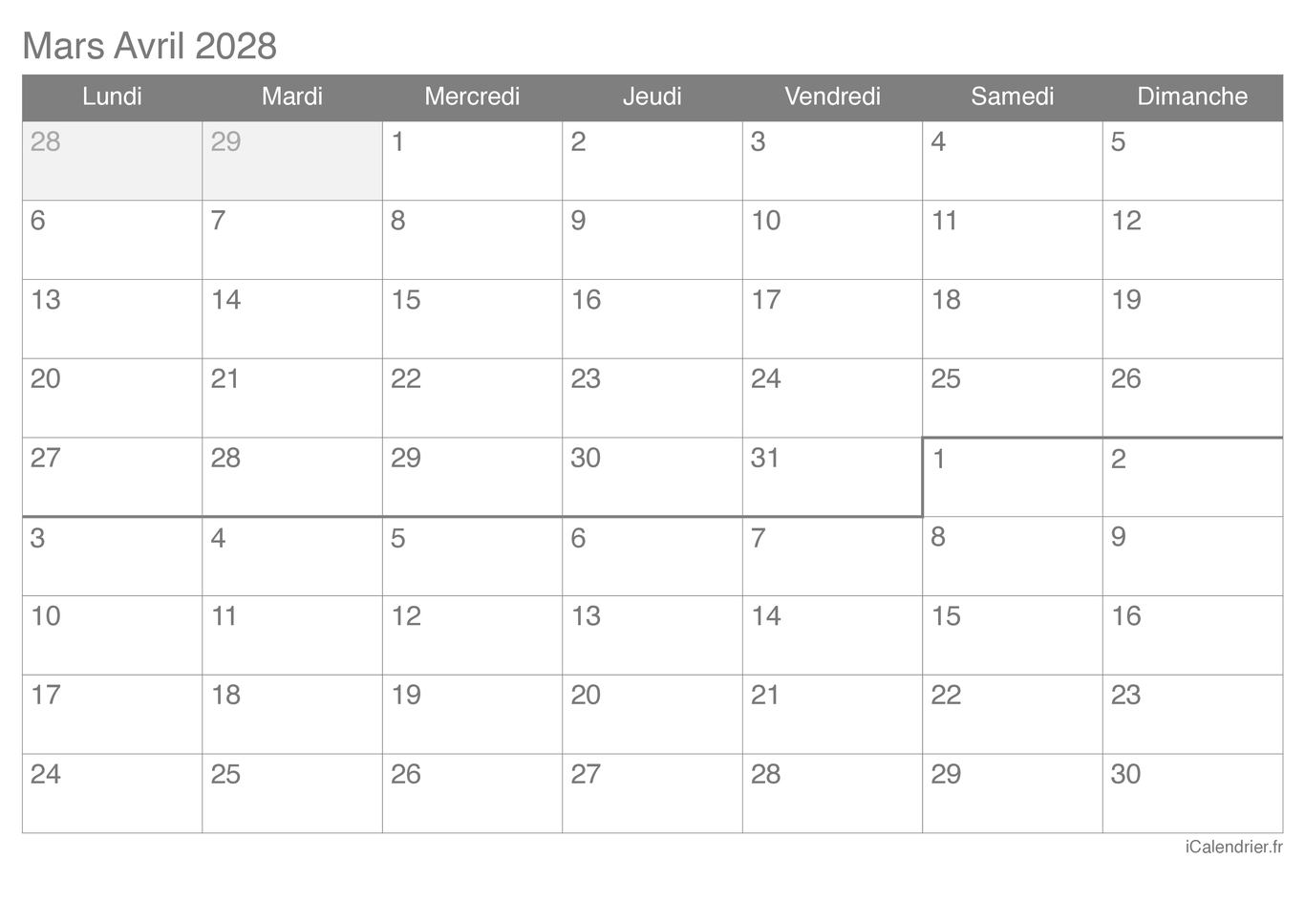 Calendrier de mars avril 2028